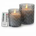 VENTA LED Candles 2 Pack - Grey Hobnail Glass Flameless Candles with Remote and Timer - Realistic Flickering Battery Operated Pillars - Vintage