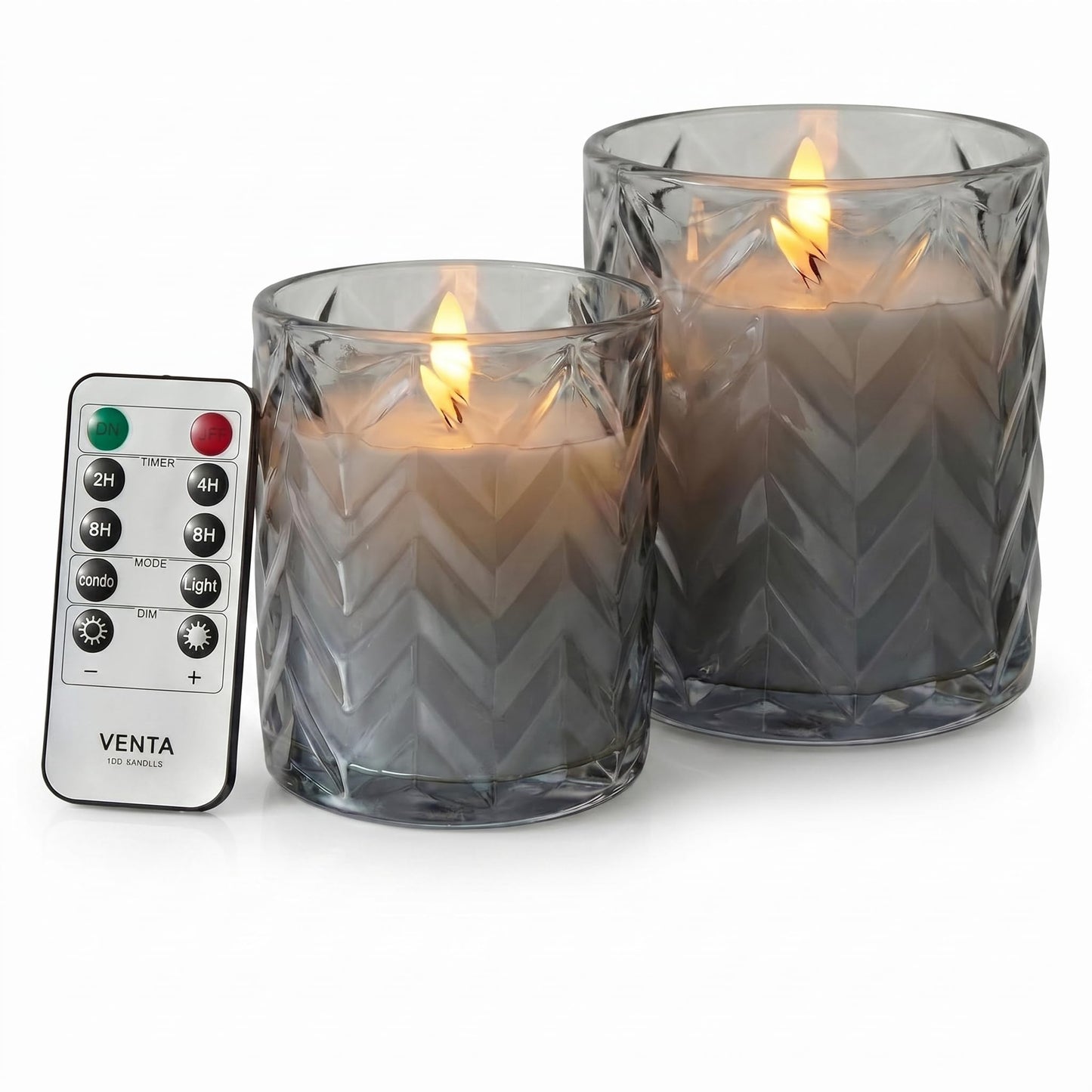 VENTA LED Candles 2 Pack - Grey Hobnail Glass Flameless Candles with Remote and Timer - Realistic Flickering Battery Operated Pillars - Vintage