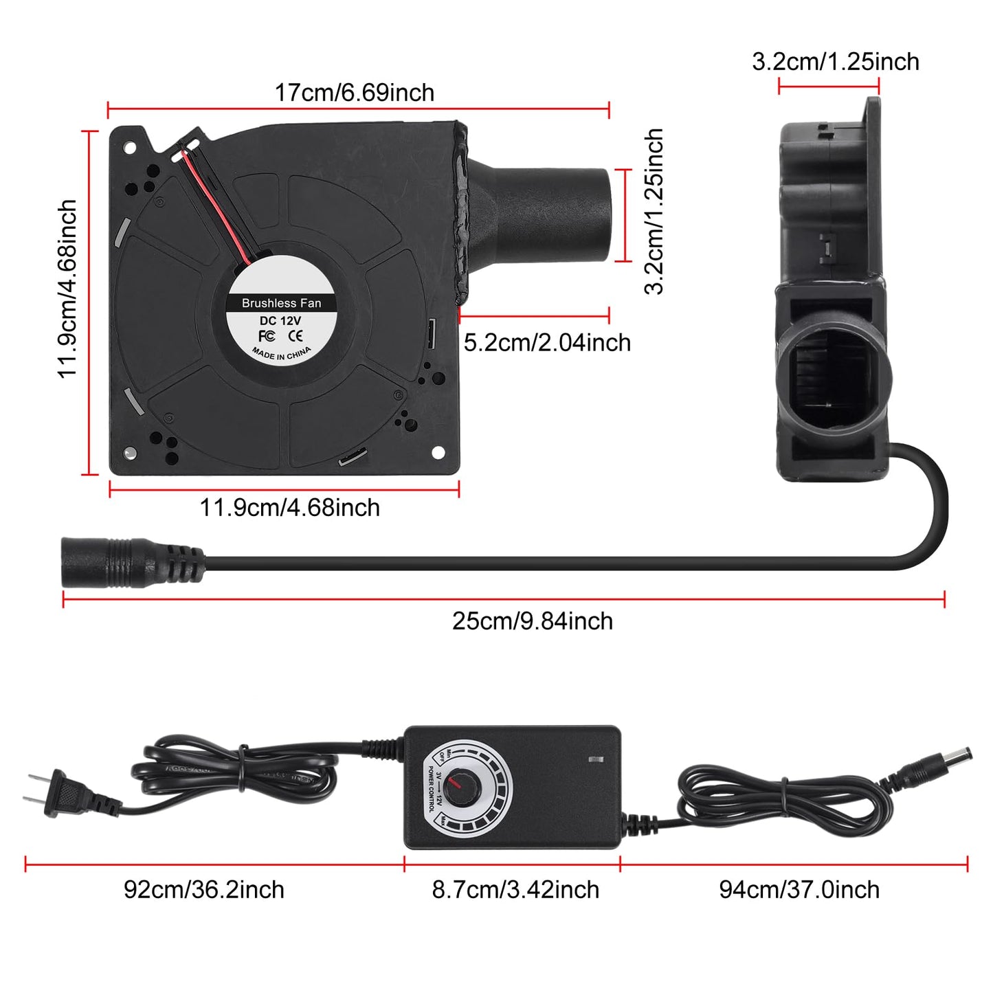 120mm 12V BBQ Blower Fan ,120mm x 32mm Dual Ball Blower Fan 12V with 110v - 240v AC Plug Variable Speed Controller for Ventilation,Outdoor Barbecues