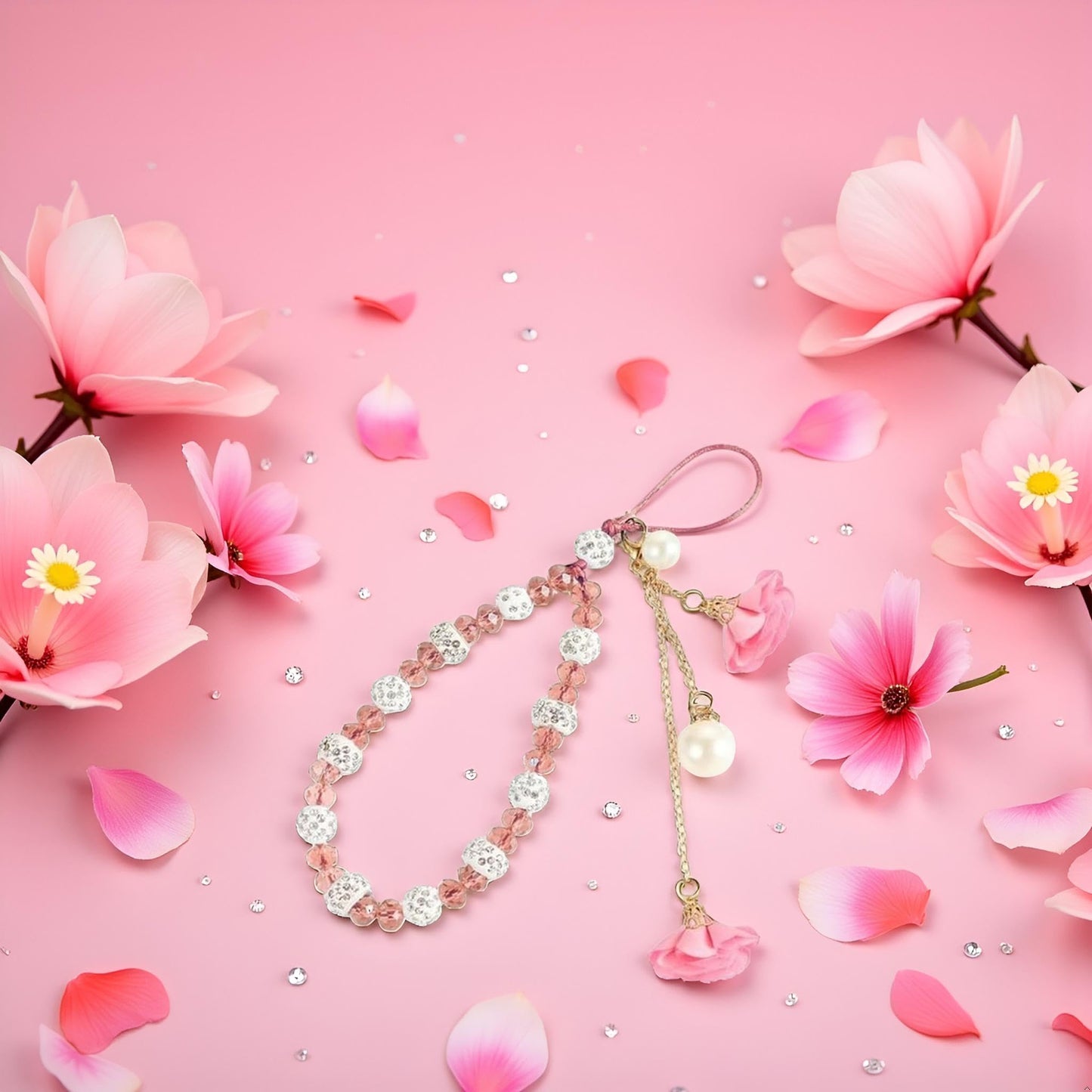 Zhuluck 1Pc Pink Bling Mobile Phone Strap Lanyard Bracelet Hand Strap Hanging Cord Flower Pendant Short Cord Wrist Straps for Phone Case