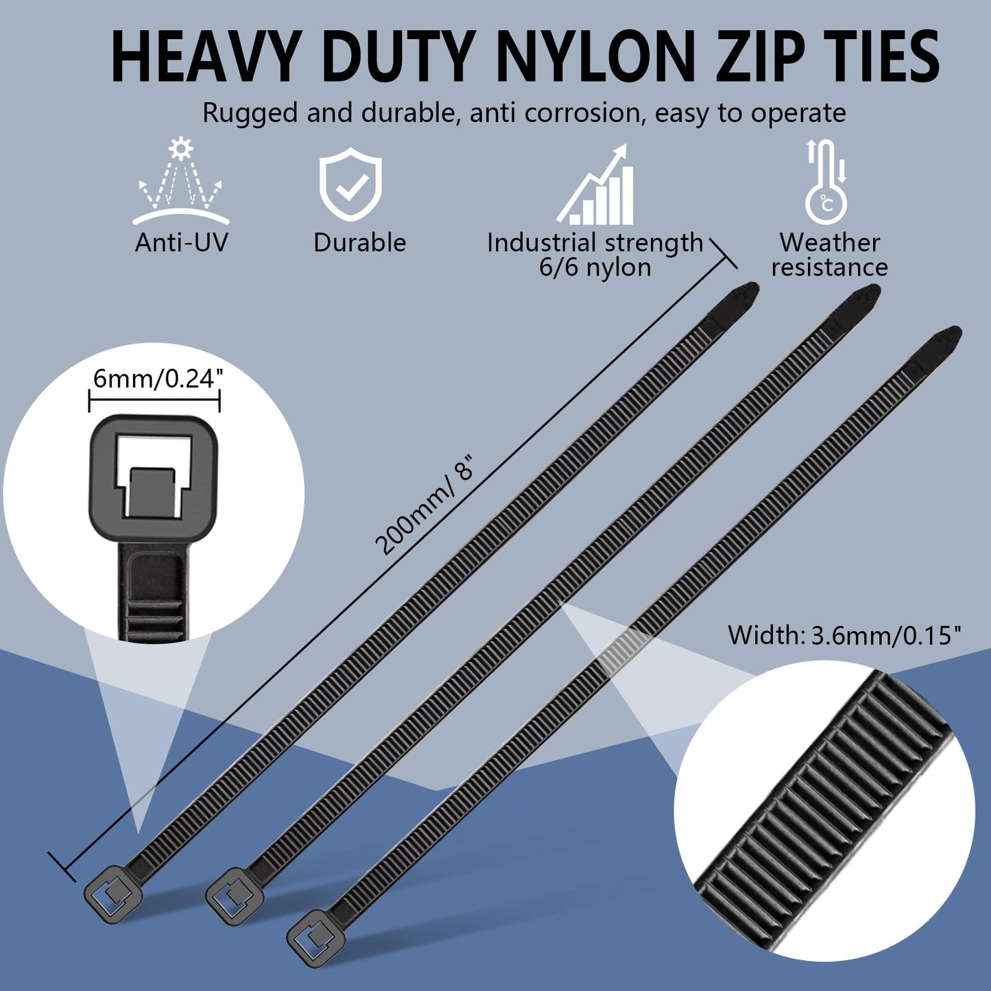 Fomuson 200pcs Zip Ties 8 Inch Black, Heavy Duty Zip Tie, 50lb Strength Cable Ties, Industrial Nylon Wire Tie Wraps for Garage and Workshop.
