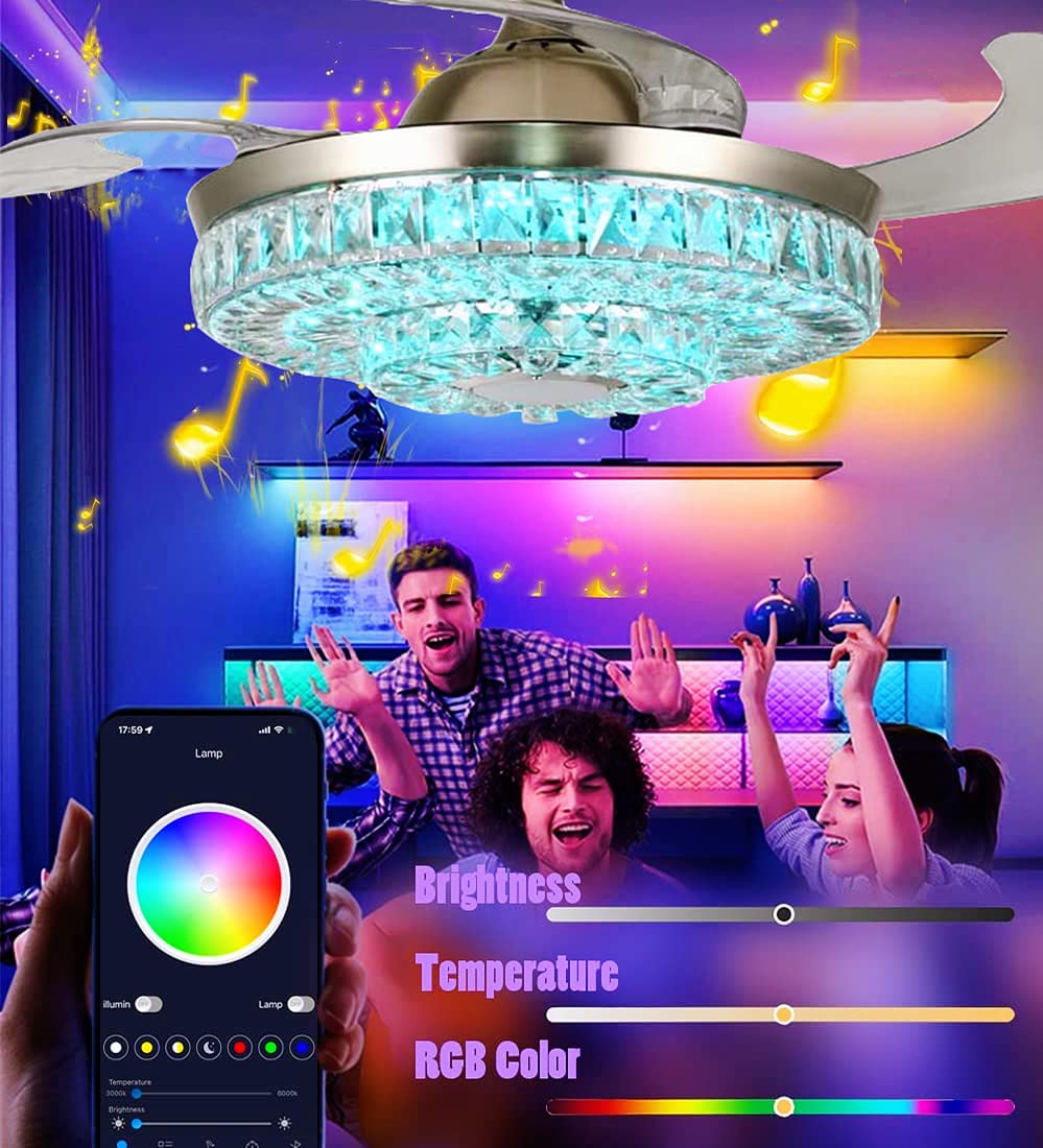 efperfect 42" Crystal Ceiling Fan Light with Remote and Bluetooth Speaker, Retractable Fandelier 7 Color Dimmable Music Player LED Chandelier Fans