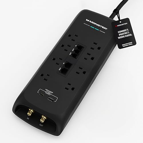 Monster Power Surge Protector w/ 4,050 Jules Rating - Heavy Duty Power Strips with Surge Protection, 8 Outlets, USB-A & USB-C, 2 Coax, 5 Ethernet