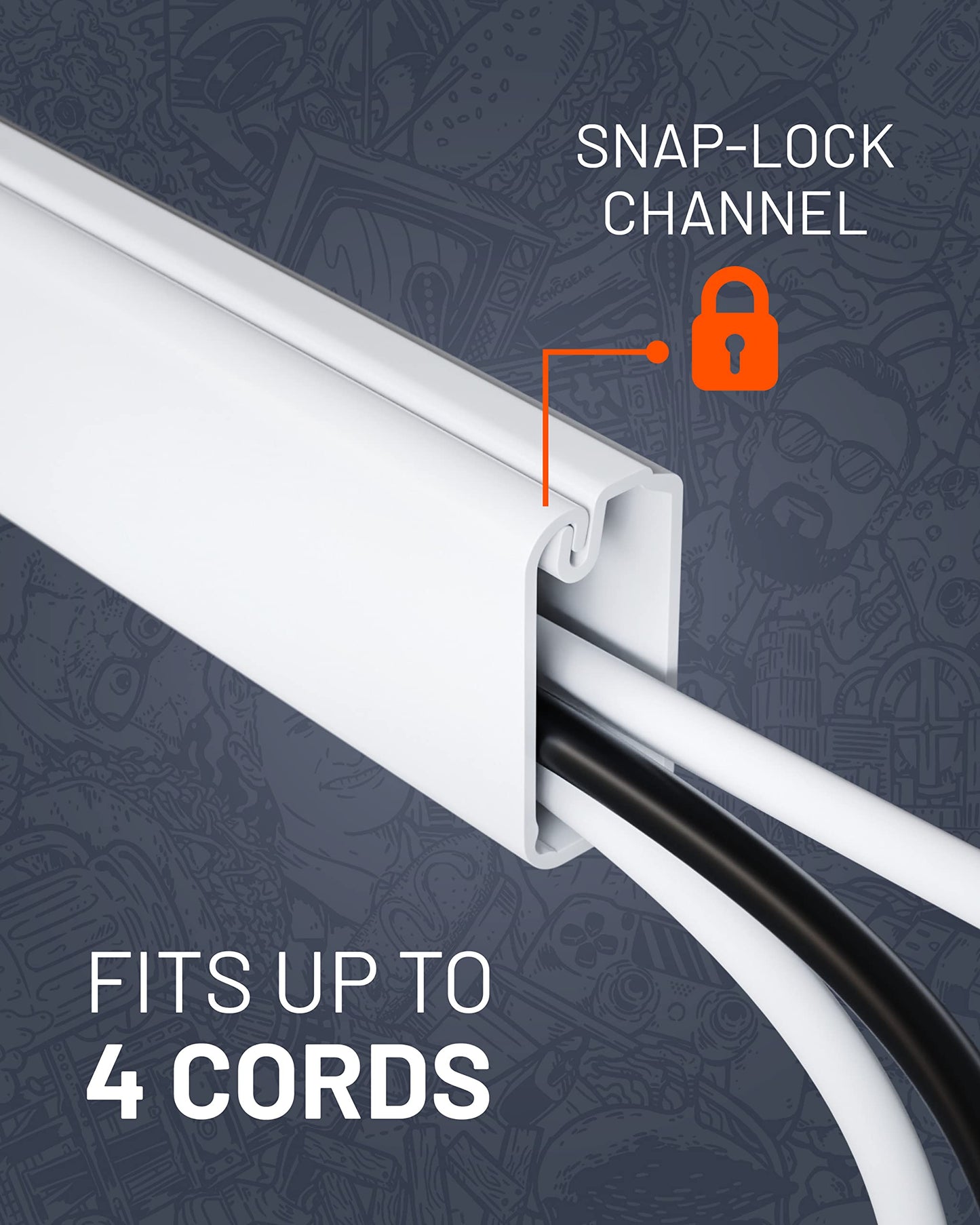 ECHOGEAR Cord Cover for Wires On Wall - Peel & Stick Cable Hider Channel with 10 feet of Plastic Raceway Plus Connector Pack - Ideal for Wall Mounted
