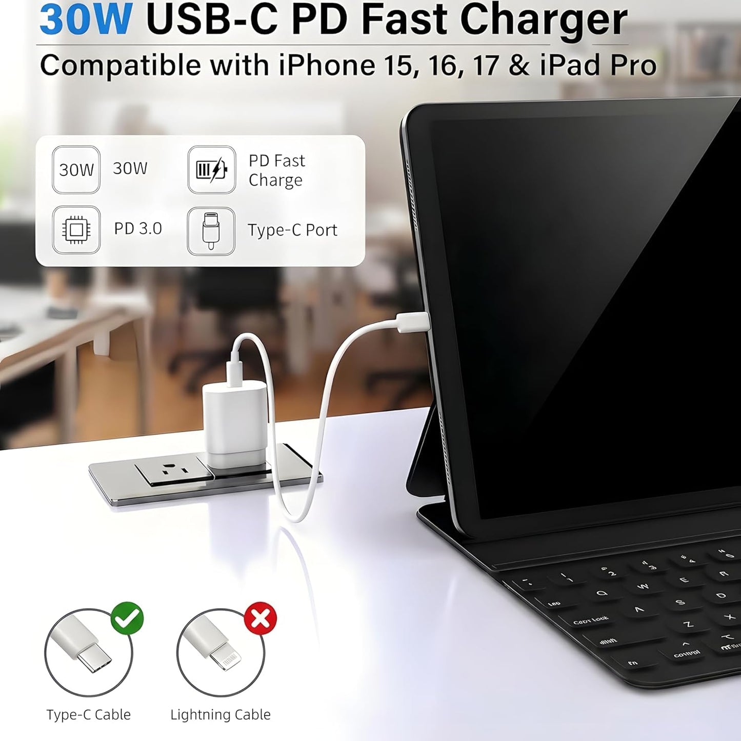 TT&C 30W USB-C Power Brick, PD Super Fast Type-C Wall Adapter Compatible with iPhone 17, 17 Pro Max, iPhone Air, 17e, 16, 16e, 15, iPad mini