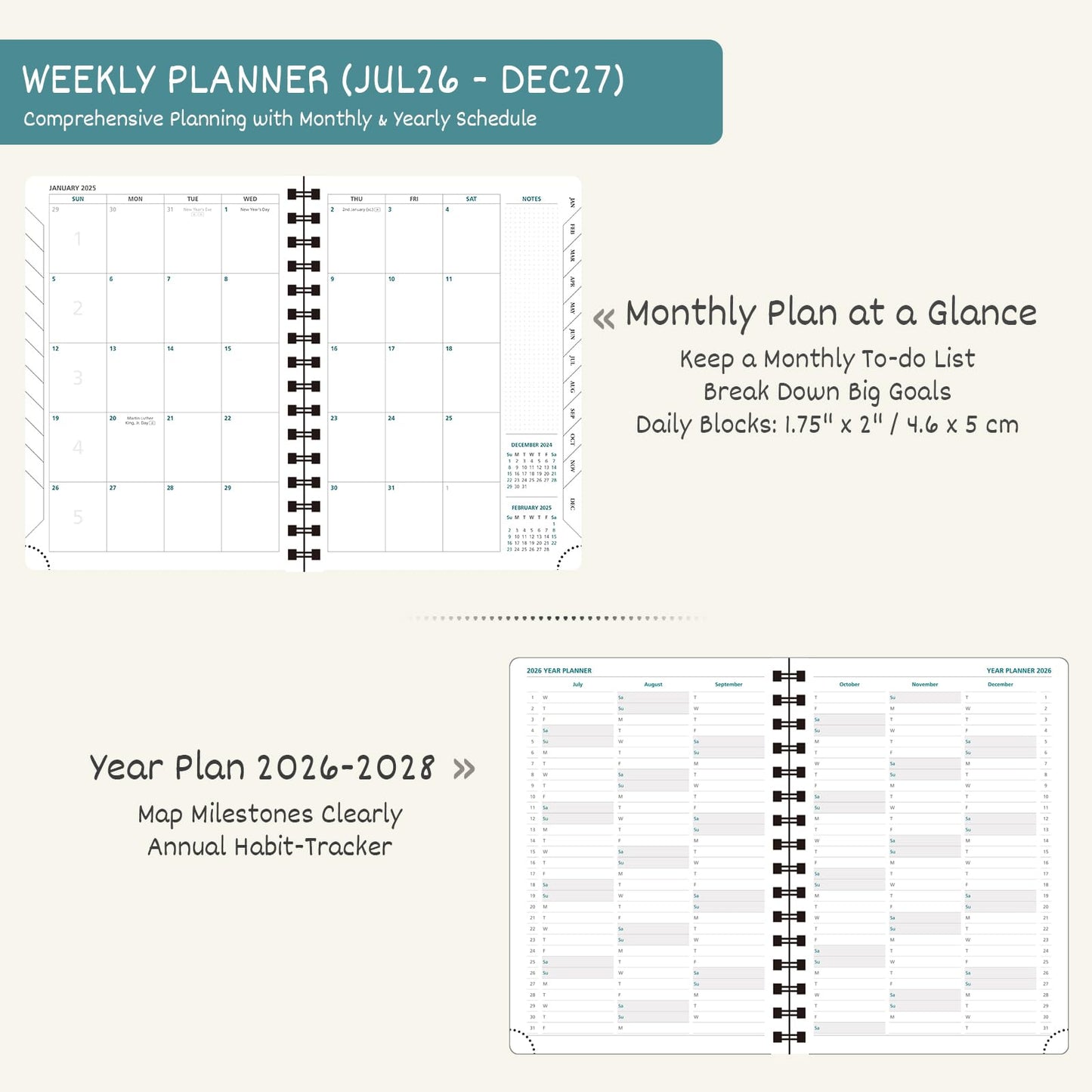 BEZEND Weekly Planner 2026-2027 (6" x 8.5") with Hourly Timeslots (Jul 26-Dec 27) 18 Months Academic Calendar & Monthly Tabs, for Students, Work