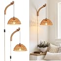 CAFULAM Plug in Wall Sconce,Farmhouse Wicker Wall Lamp Plug in,Hand Woven Rattan Wall Light Farmhouse Rustic Boho Sconces Wall Lighting for Living