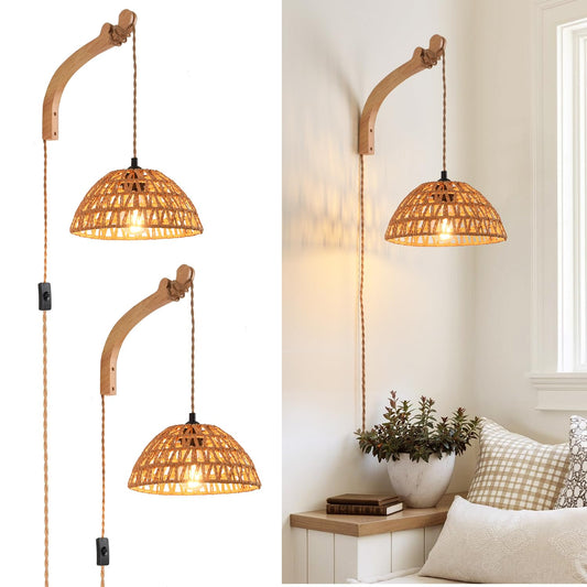 CAFULAM Plug in Wall Sconce,Farmhouse Wicker Wall Lamp Plug in,Hand Woven Rattan Wall Light Farmhouse Rustic Boho Sconces Wall Lighting for Living