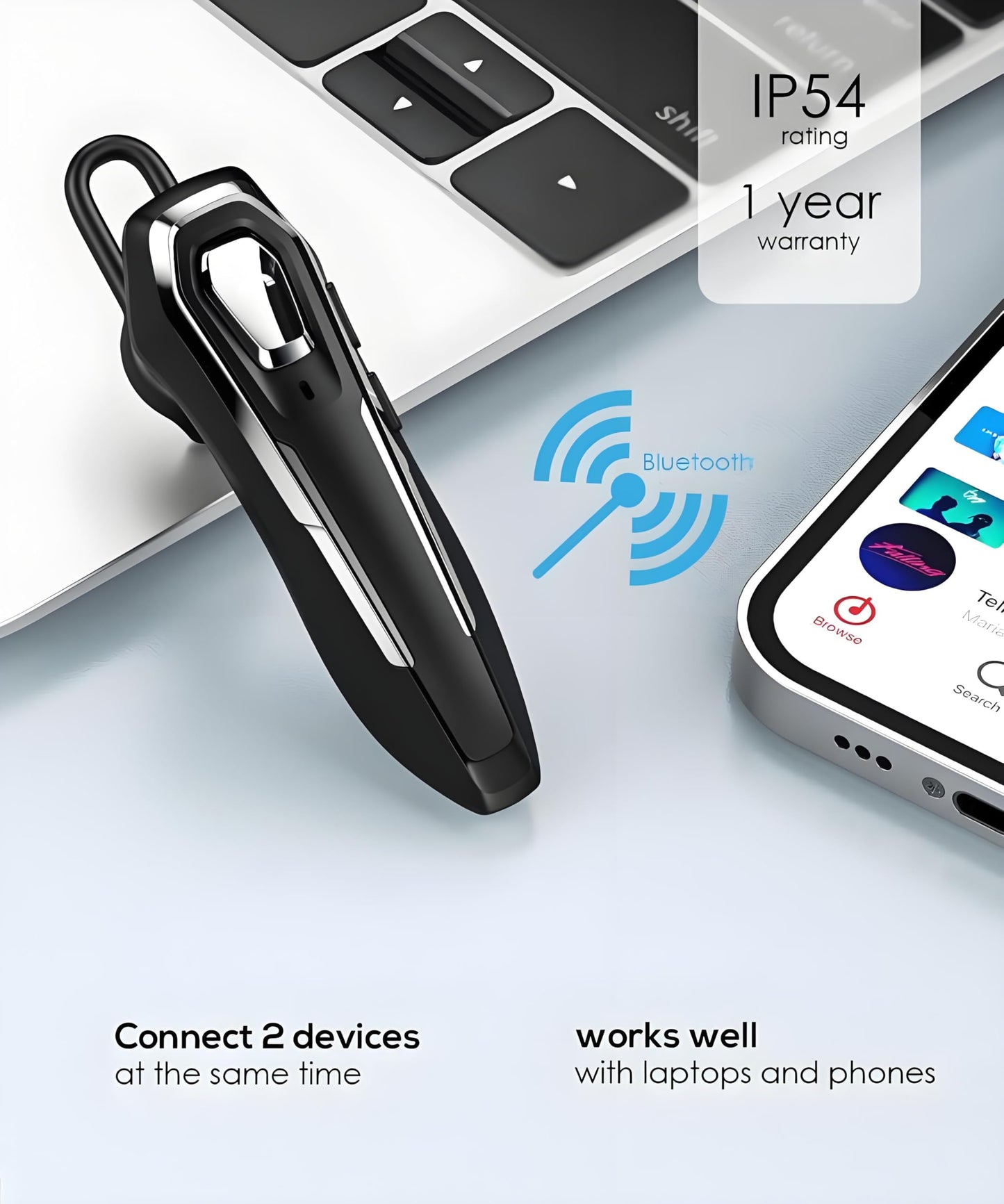 Single Ear Bluetooth Headset V5.4 Noise Canceling Microphone, Bluetooth Earpiece, 36Hrs Talk Time, Hands-Free Wireless Headset