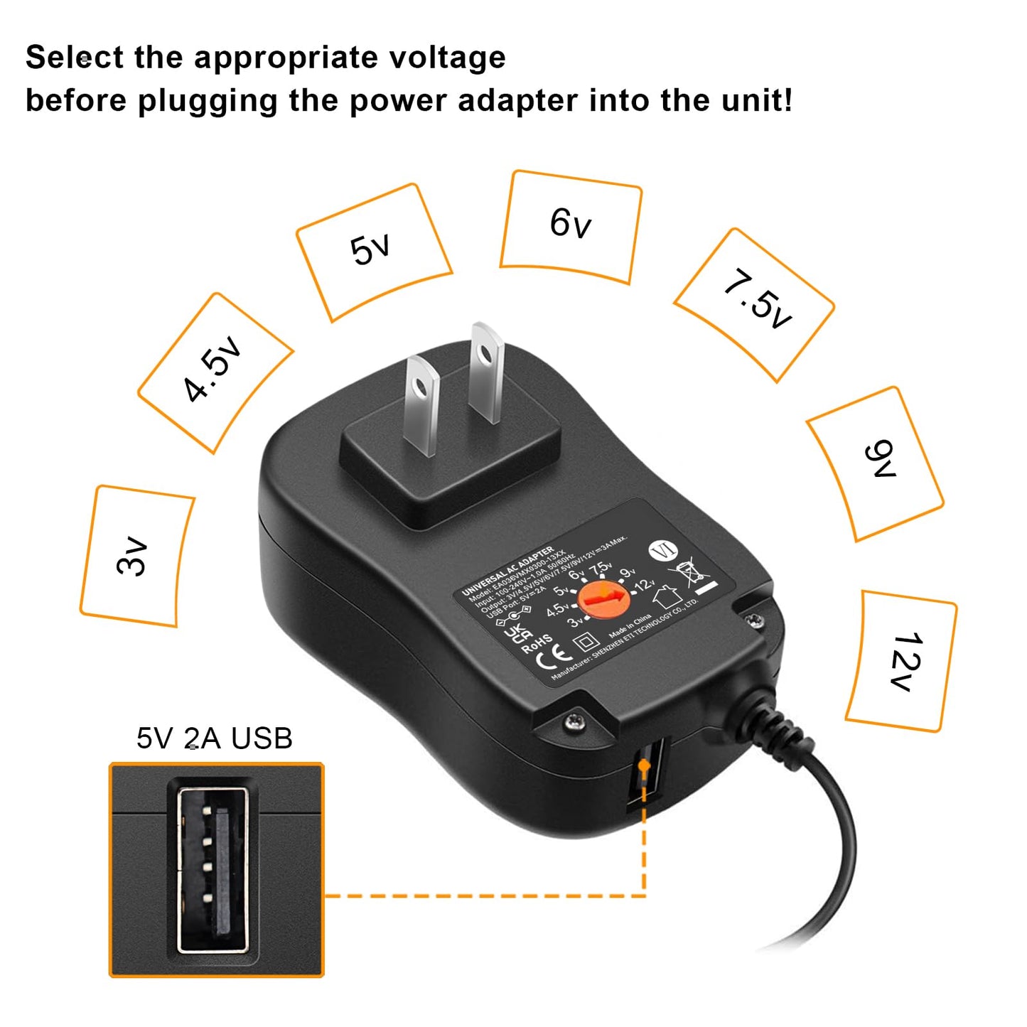 Powseed 36W 3V 4.5V 5V 6V 7.5V 9V 12V 3A DC Power Supply Cord with USB Wall Charger 5V 2A 10W for Phone Security Camera Router Speaker Webcam HUB…