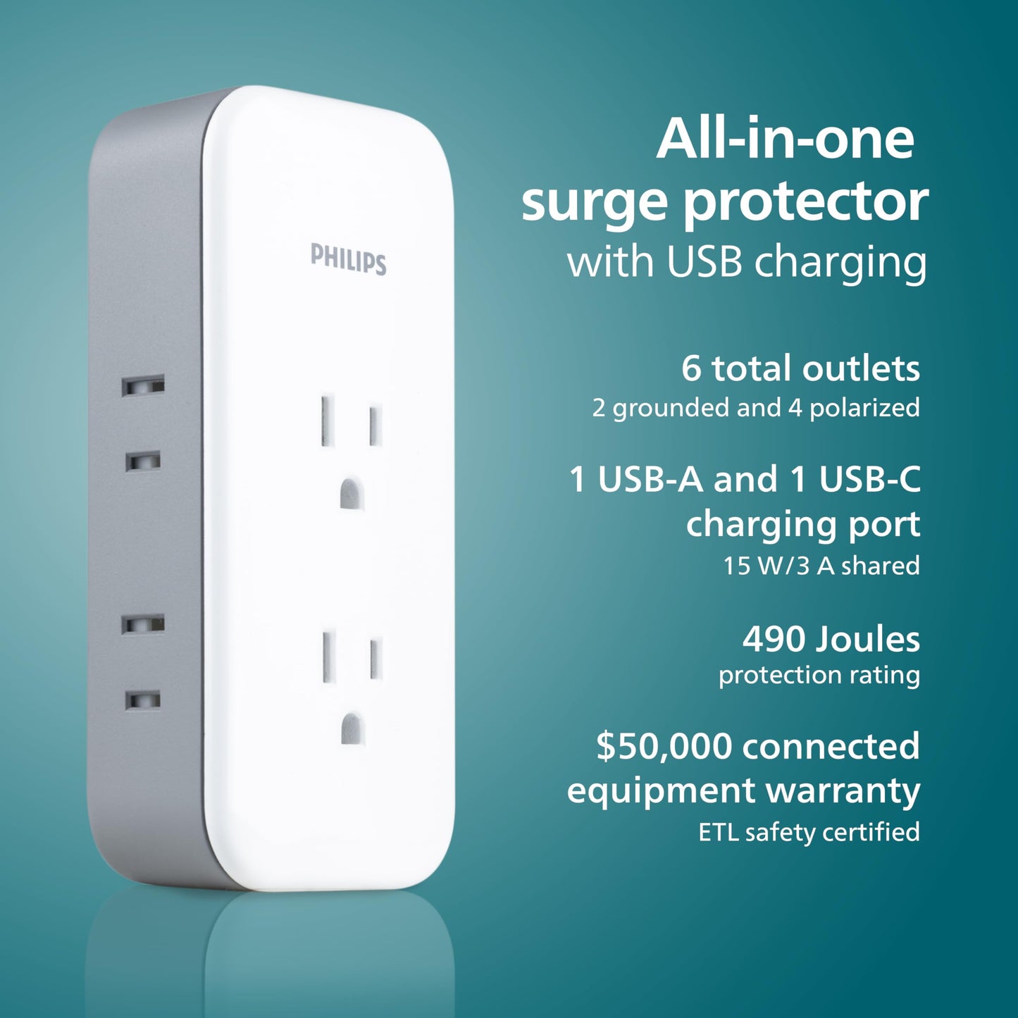 Philips All-in-One Surge Tap with USB, 2 Grounded & 4 Polarized Outlets, 1 USB-C & 1 USB-A Port (15W Shared), 490 Joules, ETL Certified, White/Gray