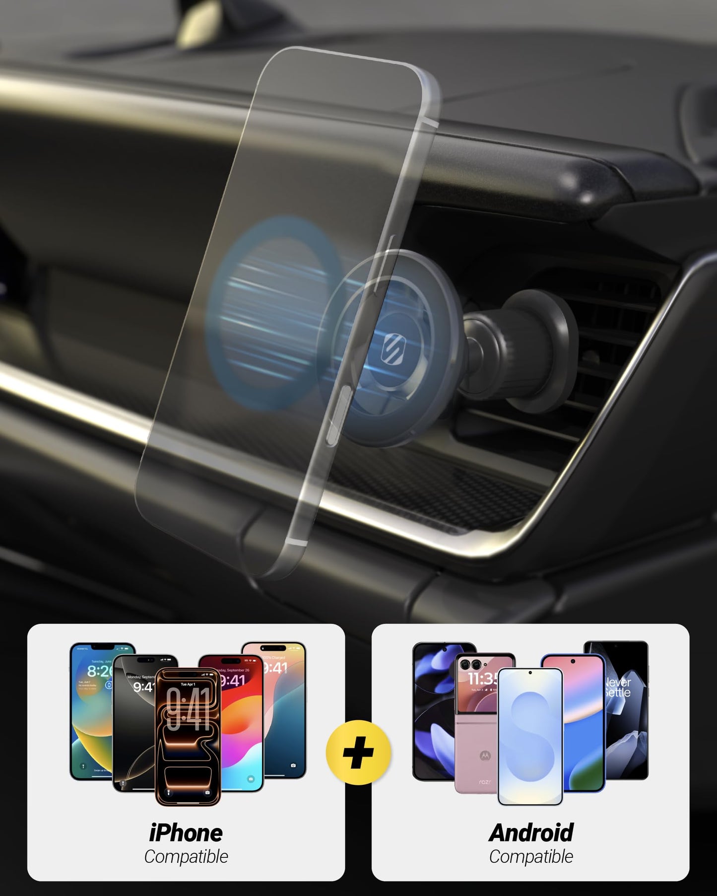 Scosche MagSafe Car Mount Vent, Phone Holders for Your Car with Strong Magnetic Hold and Secure Twist-Lock Vent Clip, Rotatable Car Phone Holder