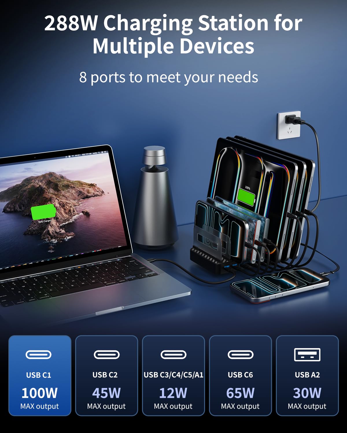 288W Charging Station for Multiple Devices, 8-Port Multi USB C Fast Charger Station Dock with Adjustable Dividers & 7 Cables,Multi-Purpose Desktop