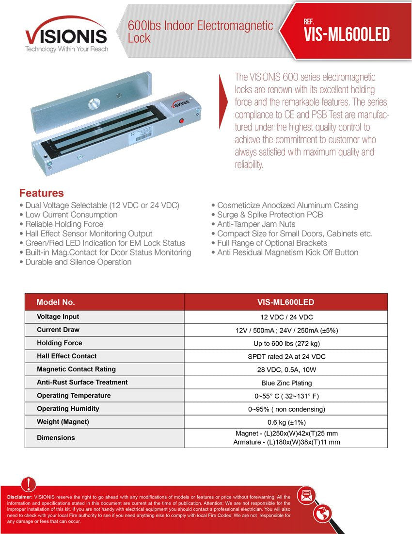 Visionis FPC-7316 VIS-ML600LED Indoor Electromagnetic Lock 600lbs for Out Swinging Door with VIS-7000 Green LED Push to Exit Button NC, COM, NO