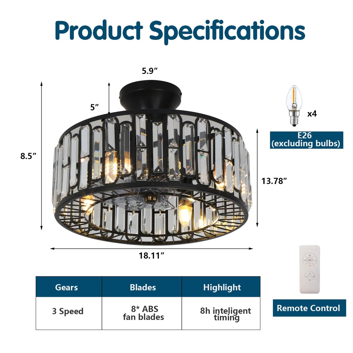 BaoBrot 18" Crystal Caged Ceiling Fan with Lights Remote Control, 3-Speed Industrial Bladeless Fandelier, Flush Mount Black Metal Fandelier Fan Light