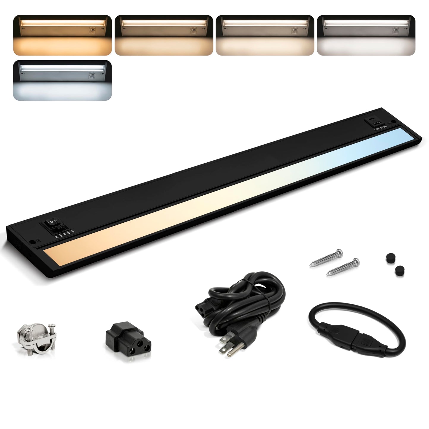 NSL LED Under Cabinet Lighting Hardwired or Plug in - Swivel Lens - 24 Inch Black - Dimmable Undercabinet Lights for Kitchen - 5CCT Selectable Color