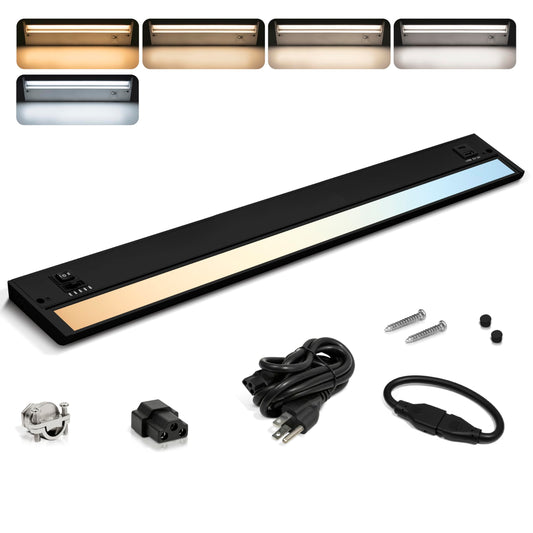 NSL LED Under Cabinet Lighting Hardwired or Plug in - Swivel Lens - 24 Inch Black - Dimmable Undercabinet Lights for Kitchen - 5CCT Selectable Color