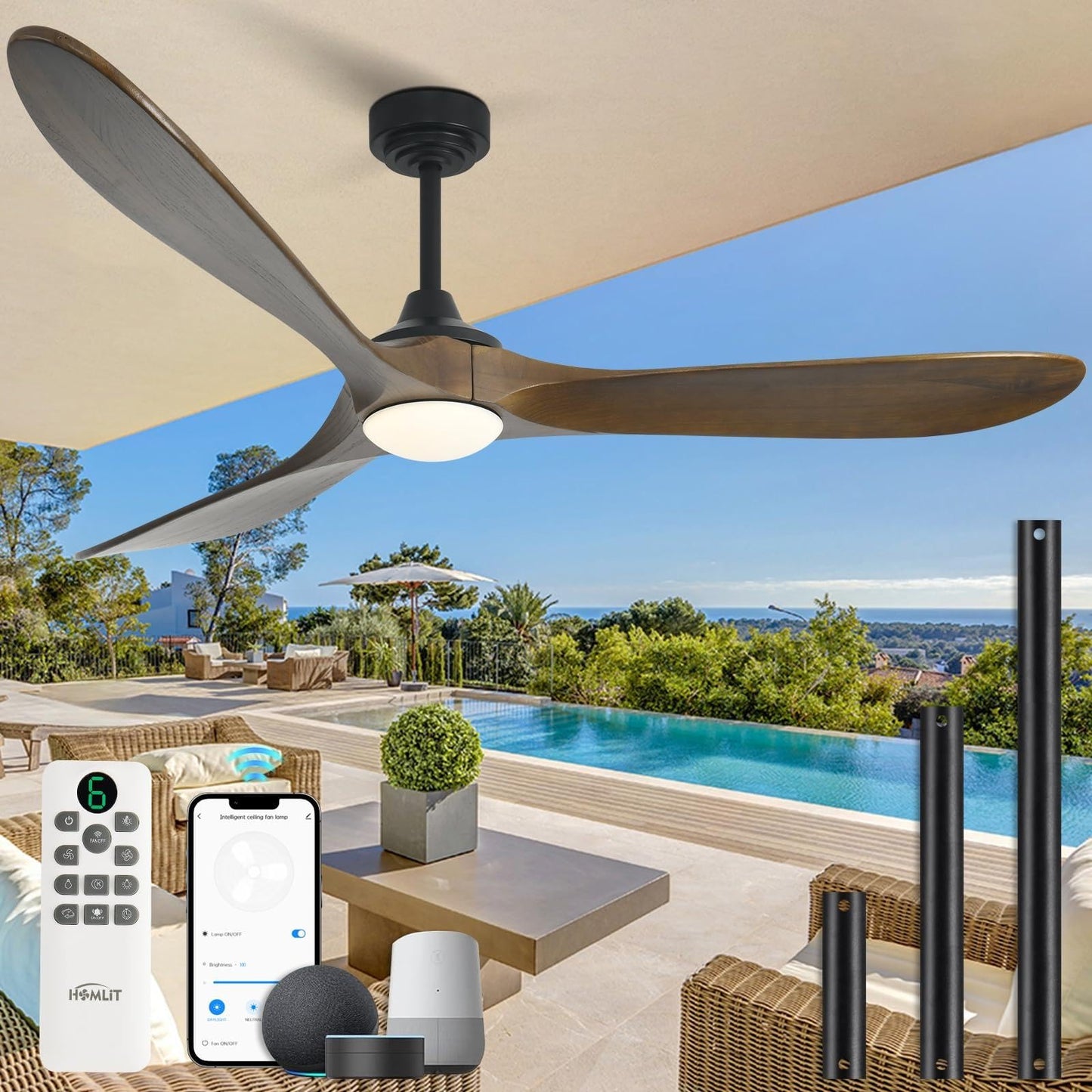 Homlit Ceiling Fan with Lights, 72'' Solid Wood Indoor/Outdoor Ceiling Fan with Quiet Reversible DC Motor, Compatible with Alexa/Google/App, 3CCT