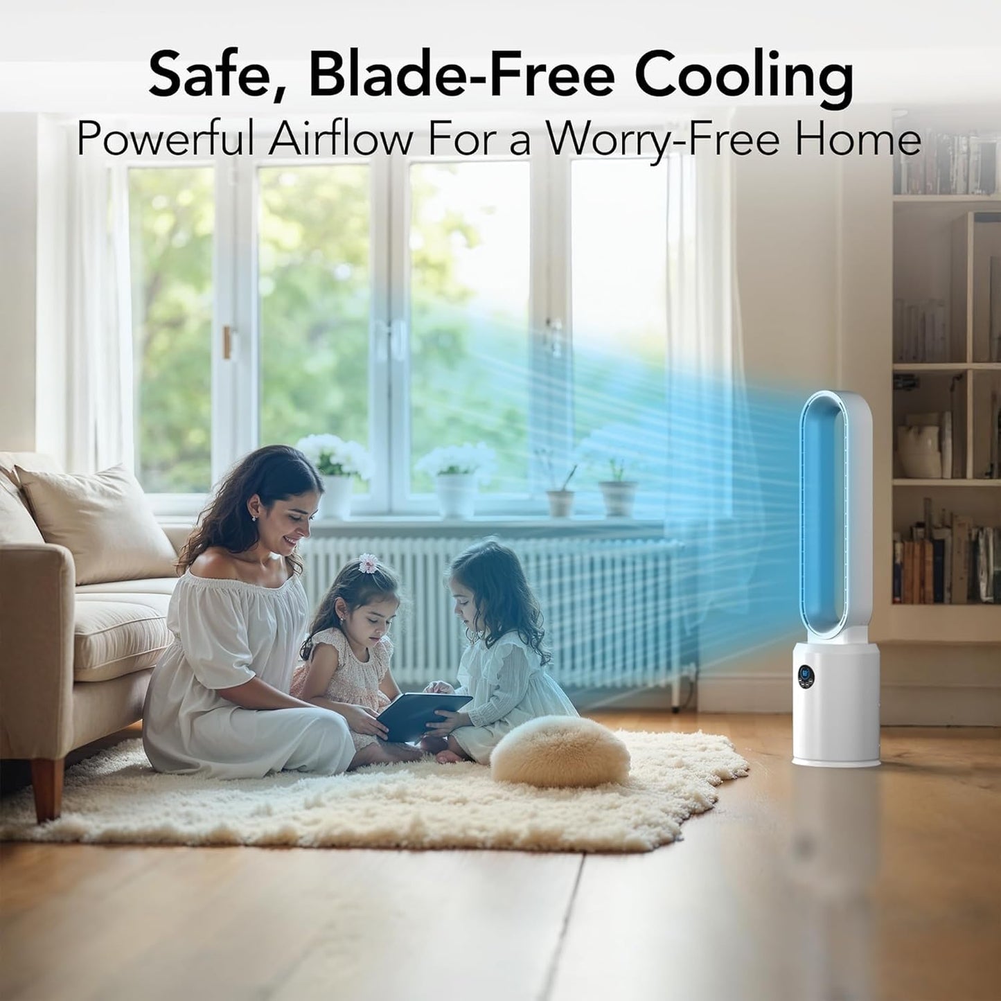 EZ-CHILL 40" Bladeless Tower Fan for Bedroom with Remote Control, 9H Timer, Wide Area Oscillation, Push Button Digital Display, 3 Speed Home Floor