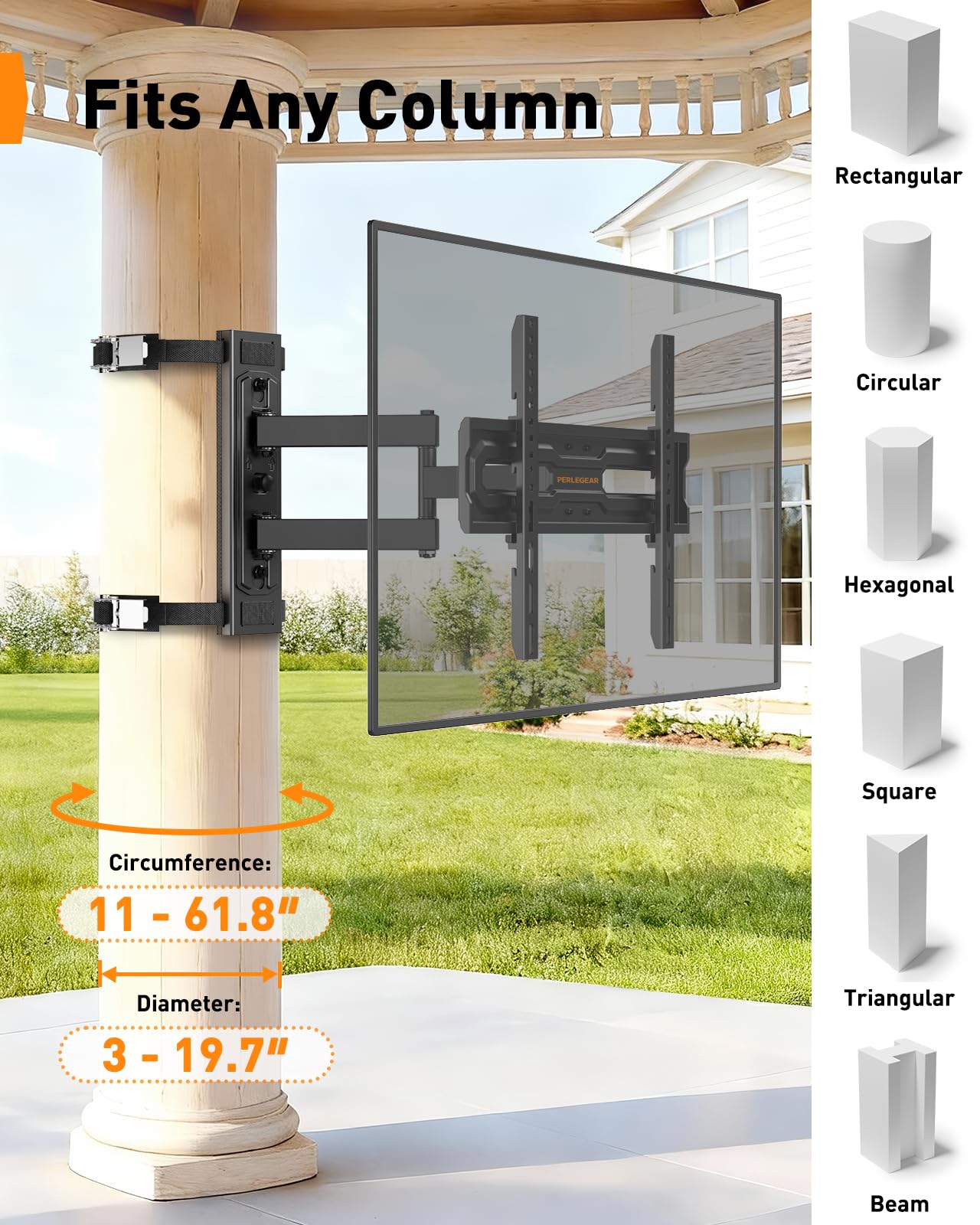 Perlegear Gazebo TV Mount for Most 26"-74" TVs, No Drill Pillar TV Mount for Round & Square Columns, Full Motion TV Post Mount for Gazebo, Pole, Patio