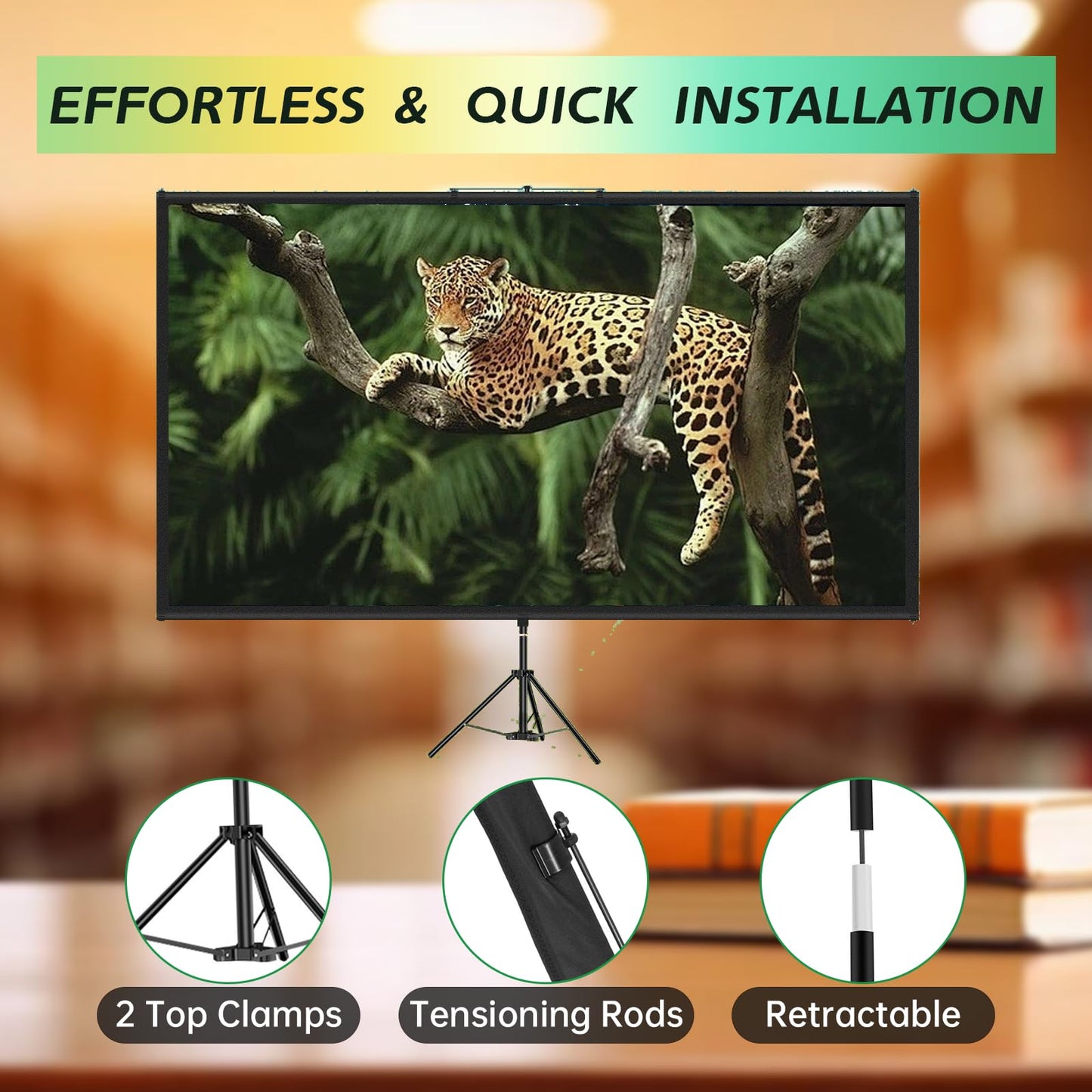 Tripod Projector Screen with Stand 90 inch 16:9 4K HD Projection Screen Stand Wrinkle-Free Height Adjustable Portable Screen for Projector Indoor