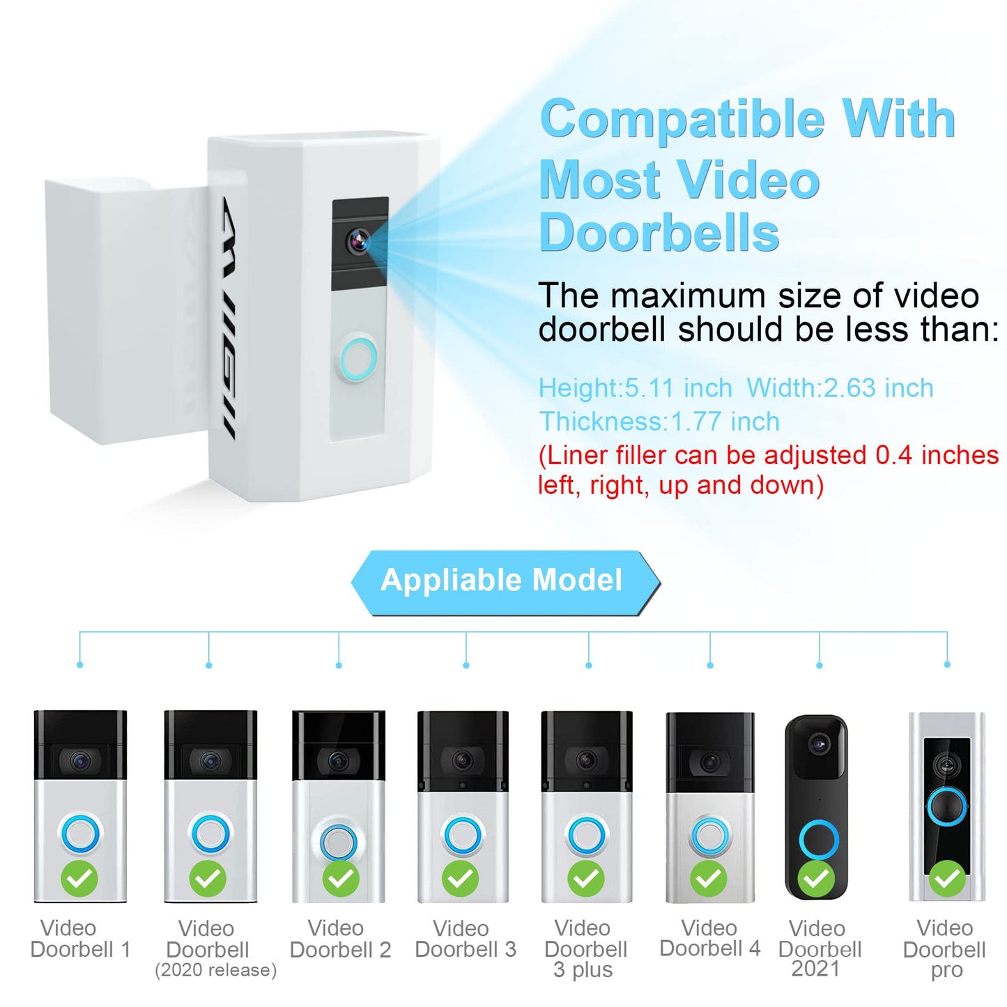 Bleu Clair Anti-Theft Video Doorbell Mount Compatible with Video Doorbell 1/2/3/3 Plus/4, Adjustable No-Drill Mounting Metal Bracket Wedge Adapter