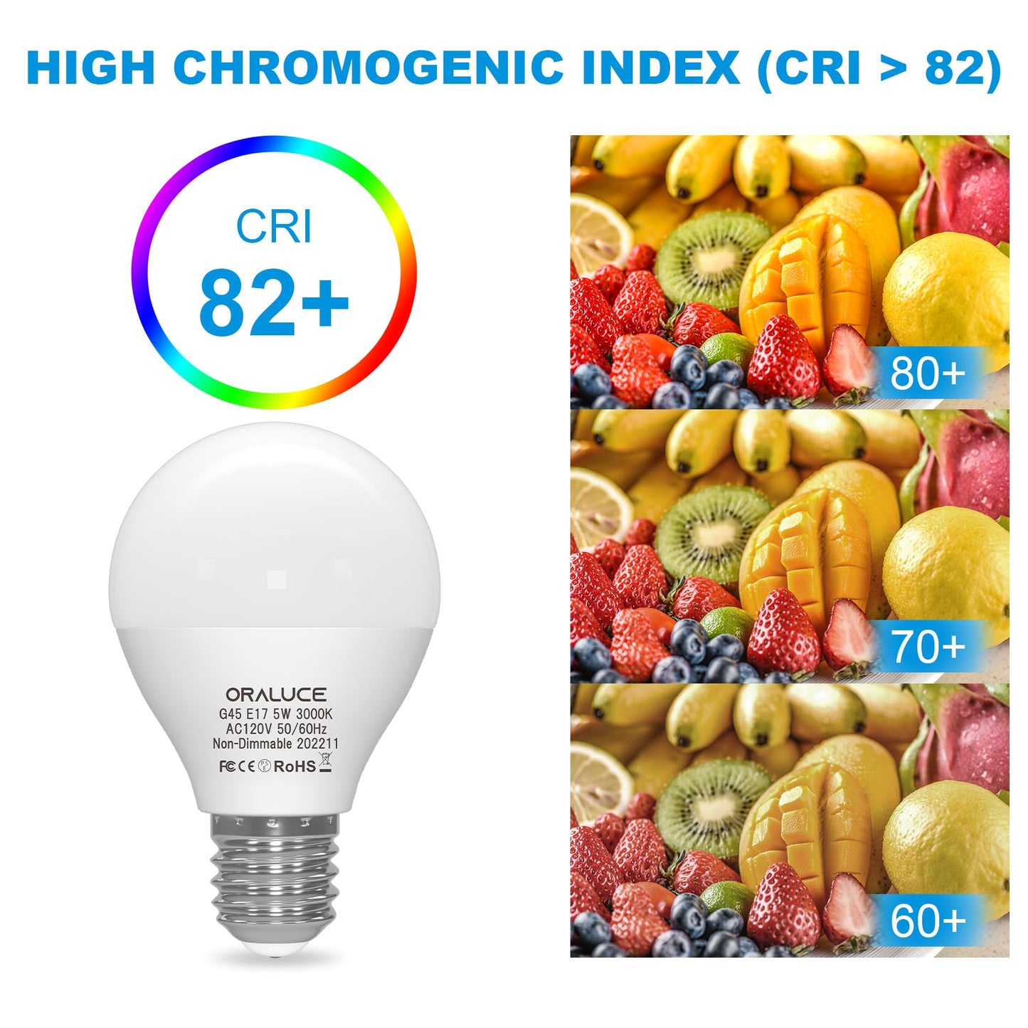 ORALUCE E17 LED Bulb 5 Watts Warm White 3000K, 40W Equivalent A15/G45 Globe Ceiling Fan Light Bulbs, 500 Lumens Non-Dimmable, 6 Pack