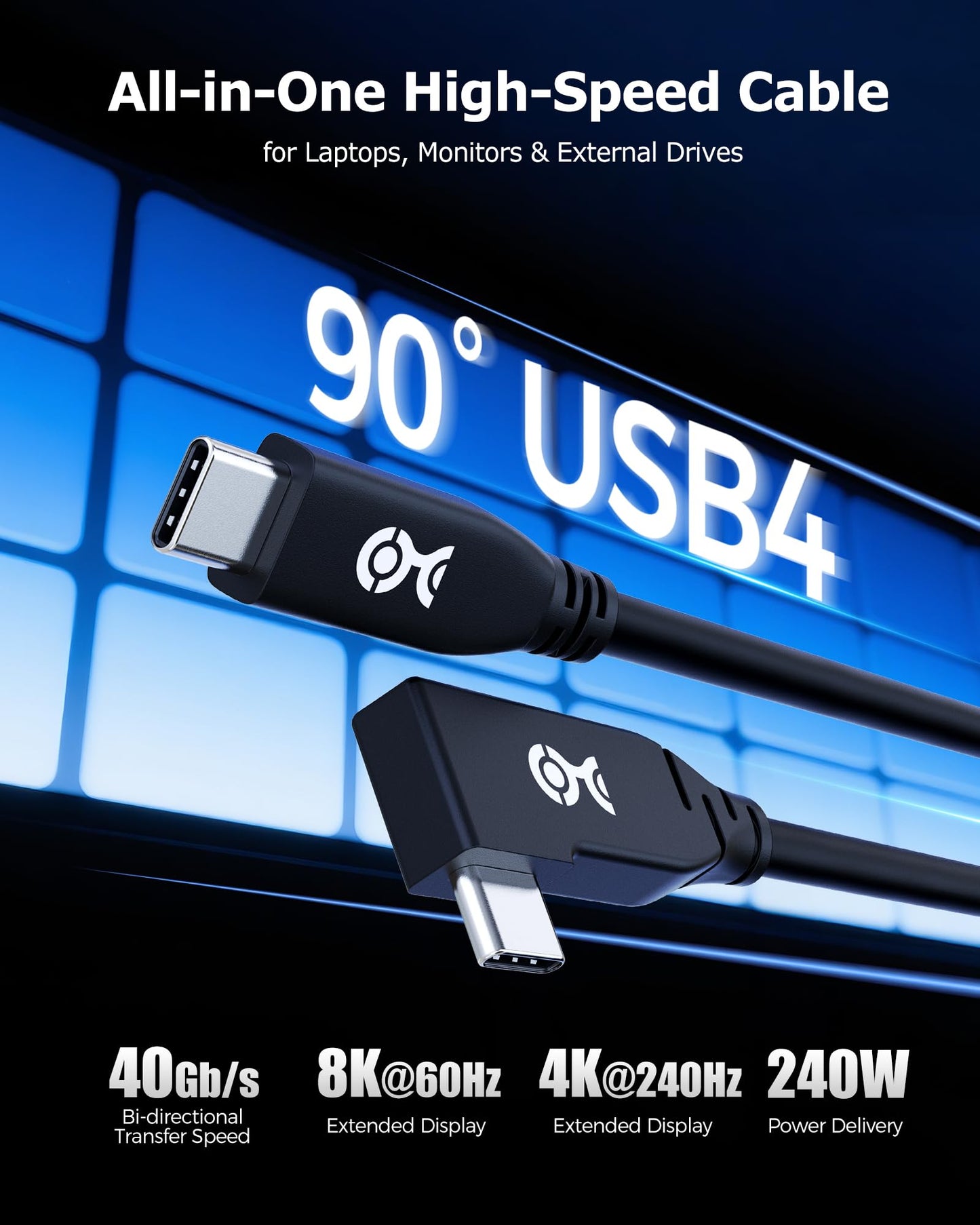 Cable Matters 40Gbps Right Angle USB 4 Cable 6.6 ft, Supports Up to [8K@60Hz / 4K@240Hz Video, 240W Charging, 40Gbps Data Transfer] USB4 Cable Right