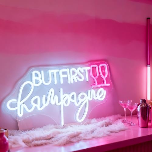 But First Champagne Neon Sign - USB Powered Wall Table Decor for Party Bar Living Room Bedroom, White and Pink LED Decorative Neon Light, 16.7 x 8.7