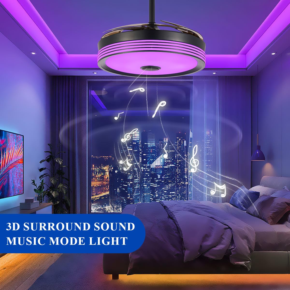 42 inch Modern Retractable Ceiling Fan with Lights and Remote Control, 6Speed Dimmable Fandelier, Smart Ceiling Fan Light with Bluetooth Speaker, RGB