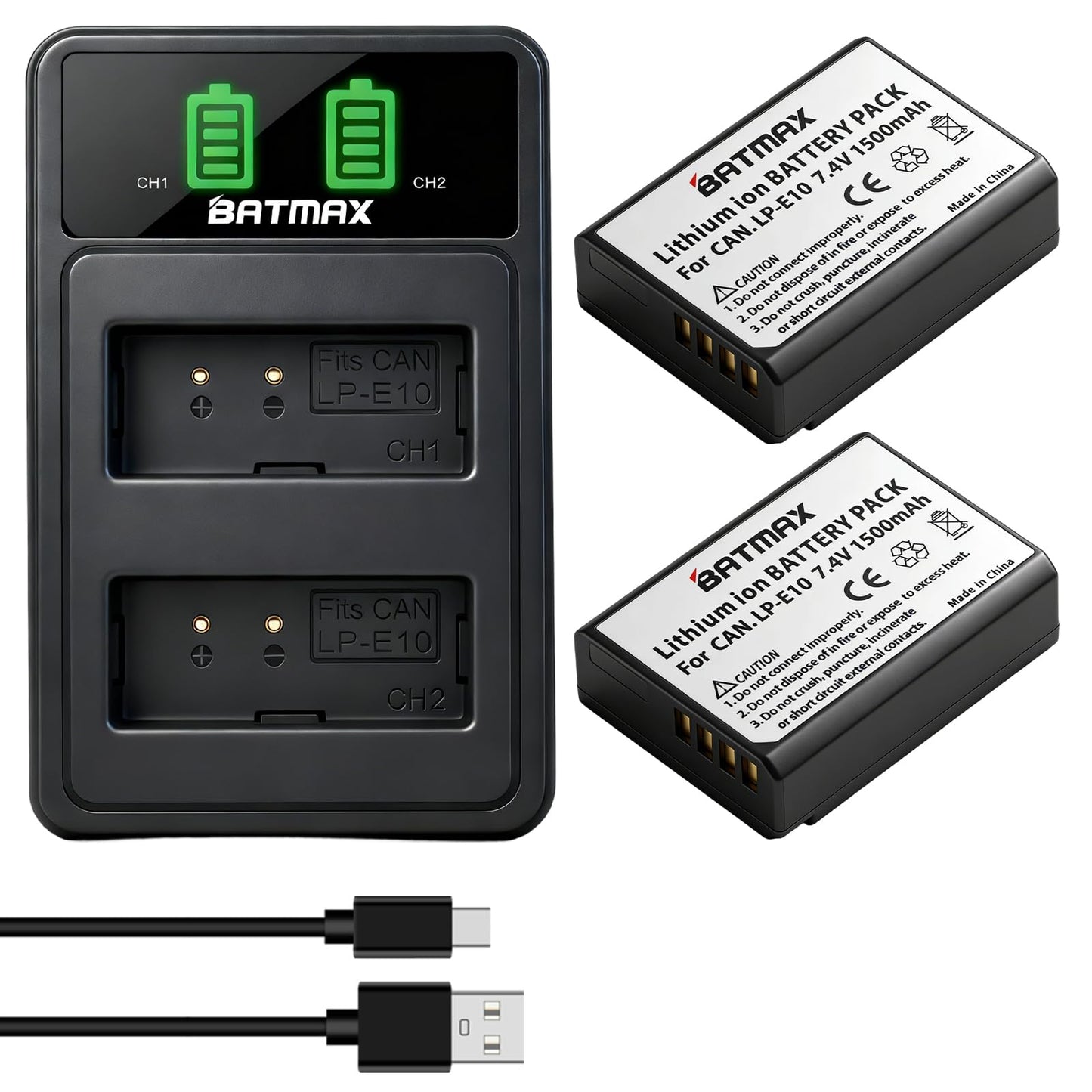 Batmax 2 Packs LP-E10 LP E10 Battery + LED Dual USB Charger with Type C Port for Canon EOS Rebel T3 T5 T6 T7, T100, EOS 4000D 2000D 1500D 1300D 1200D