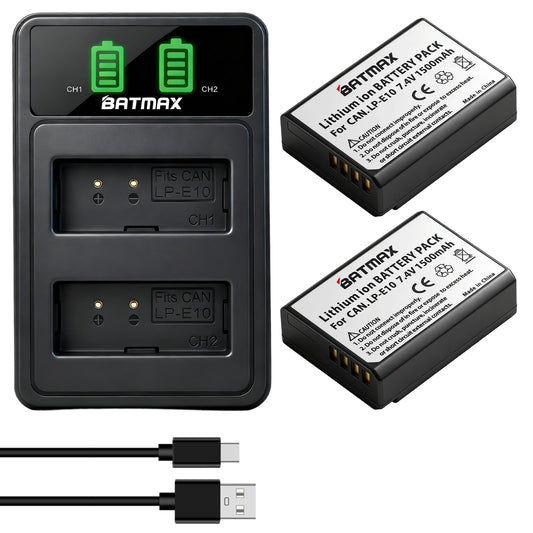 Batmax 2 Packs LP-E10 LP E10 Battery + LED Dual USB Charger with Type C Port for Canon EOS Rebel T3 T5 T6 T7, T100, EOS 4000D 2000D 1500D 1300D 1200D