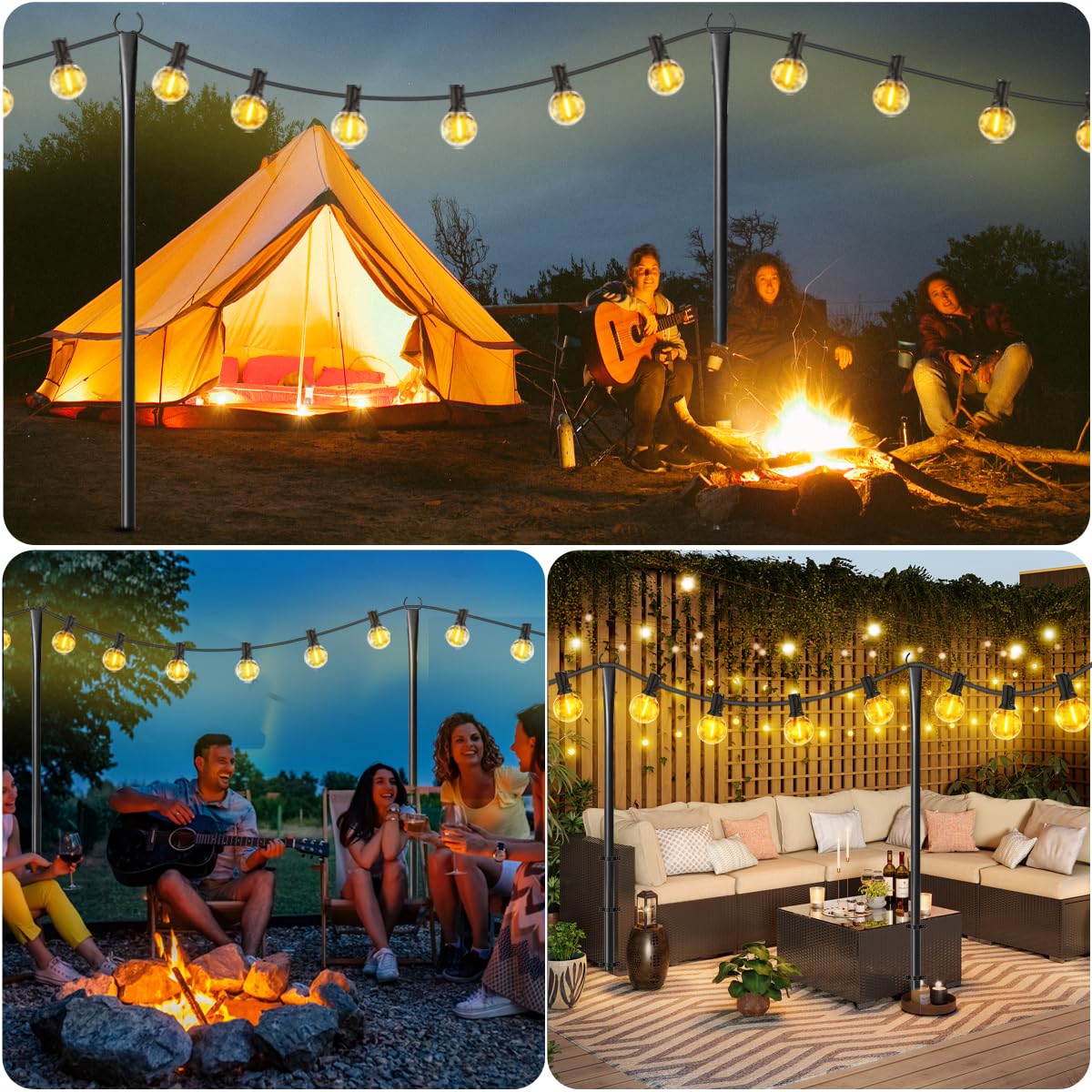 MuliVid 6 Pack 9FT String Light Poles for Outdoor,Metal Lights Hanging Pole Outside with Fork,Light Stand for Patio, Pergola, Garden, Backyard, Yard