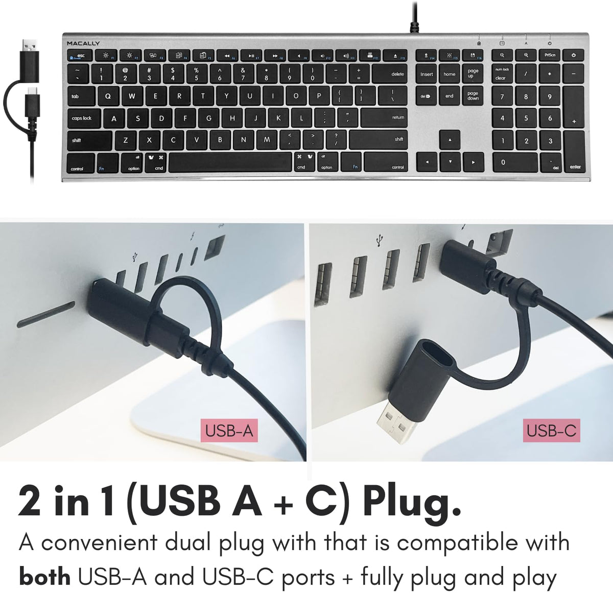 Macally Wired Keyboard for Mac (Upgraded Dual USB A + C Plug) - USB C Keyboard - Ultra Slim, 20 Shortcuts, 110 Scissor Keys - Compatible with Apple