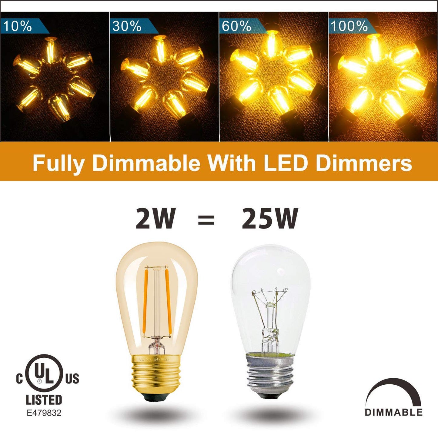 Hizashi S14 LED String Light Bulbs, 25W Eq, E26 Bulb 2200K, 6Pack