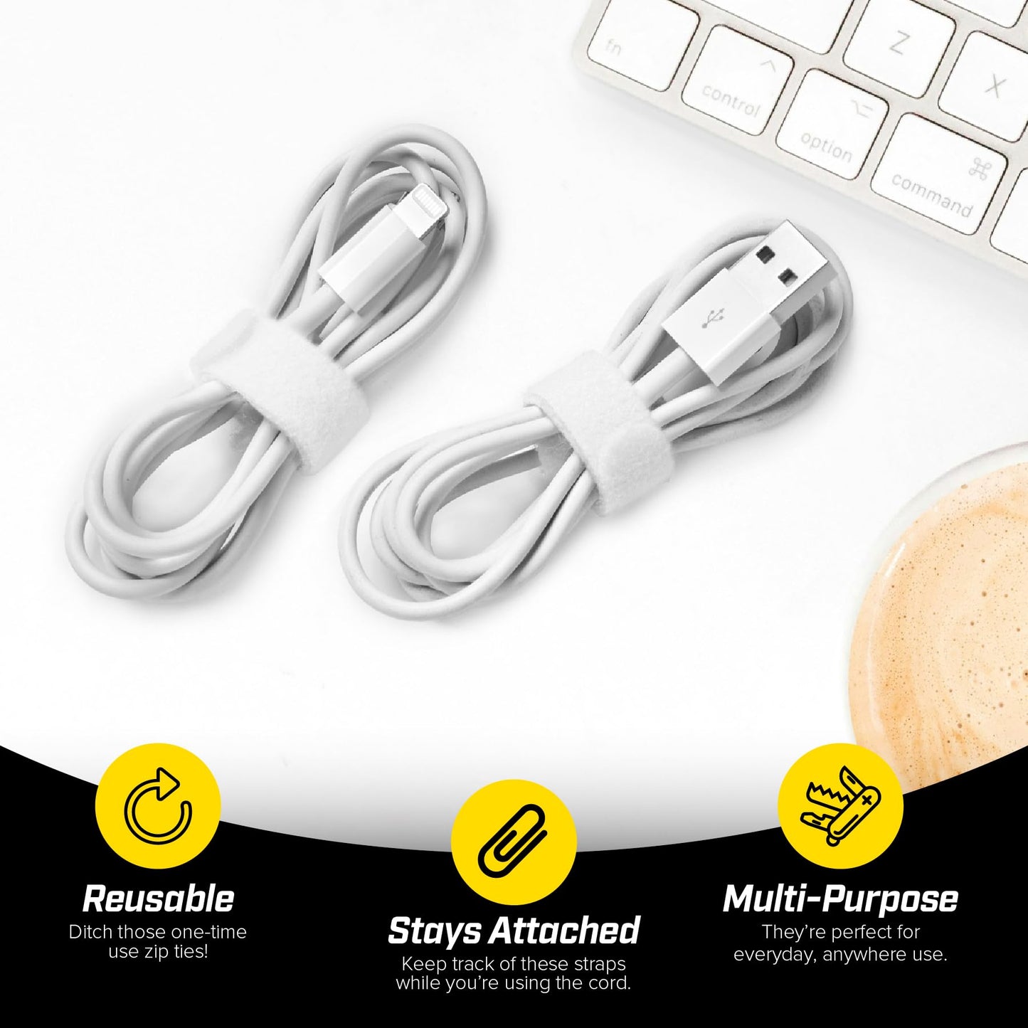Self-Gripping Cable Ties by Wrap-It Storage, White, 40 Pack (5 Inch and 8 Inch Straps) - Reusable Hook and Loop Cord Organizer Cable Ties for Cord