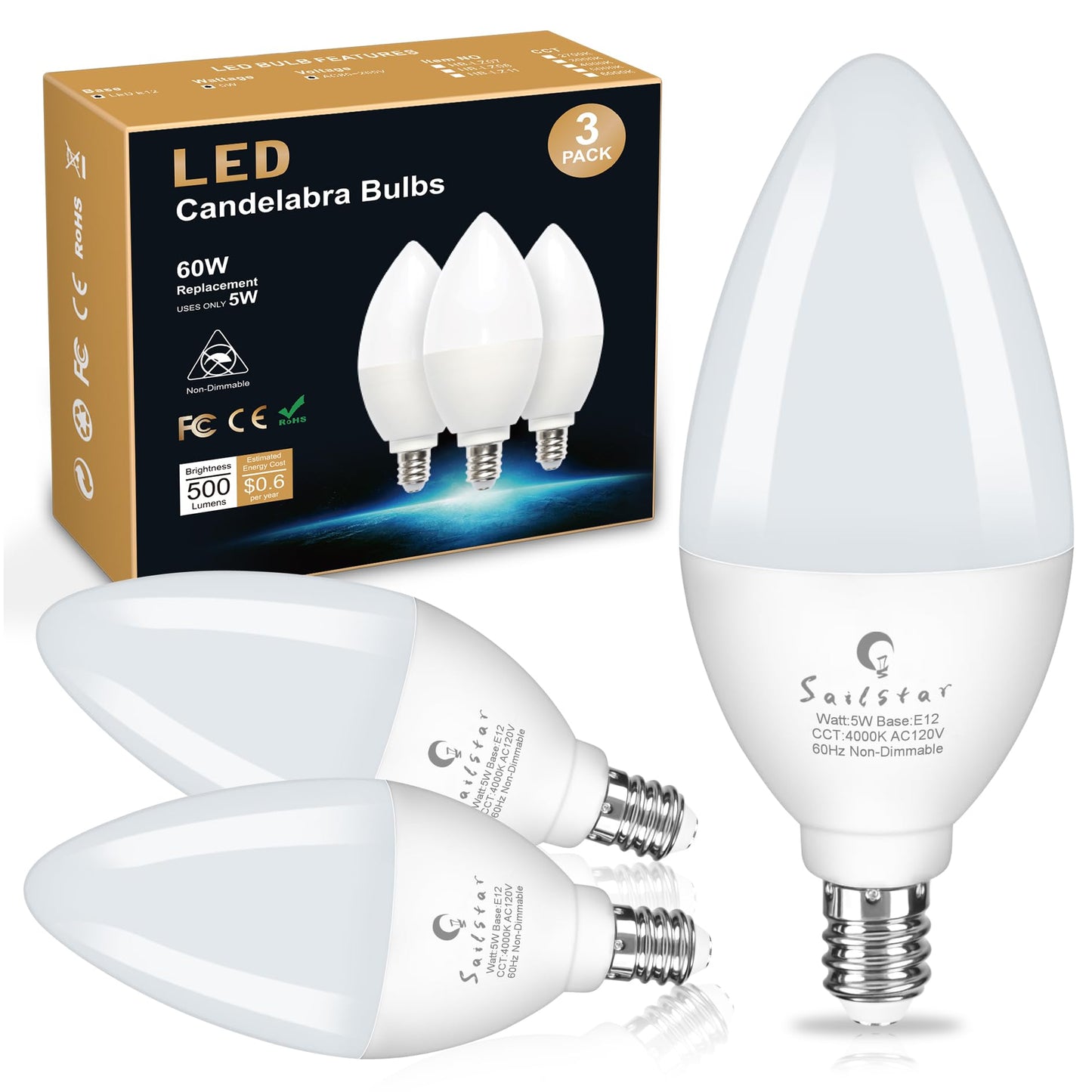 Sailstar Candelabra Light Bulbs 60 Watt Equivalent, 4000K Natural Daylight, 5W E12 Small Base Type B LED Bulbs, 500 Lumens, Chandelier Ceiling Fan