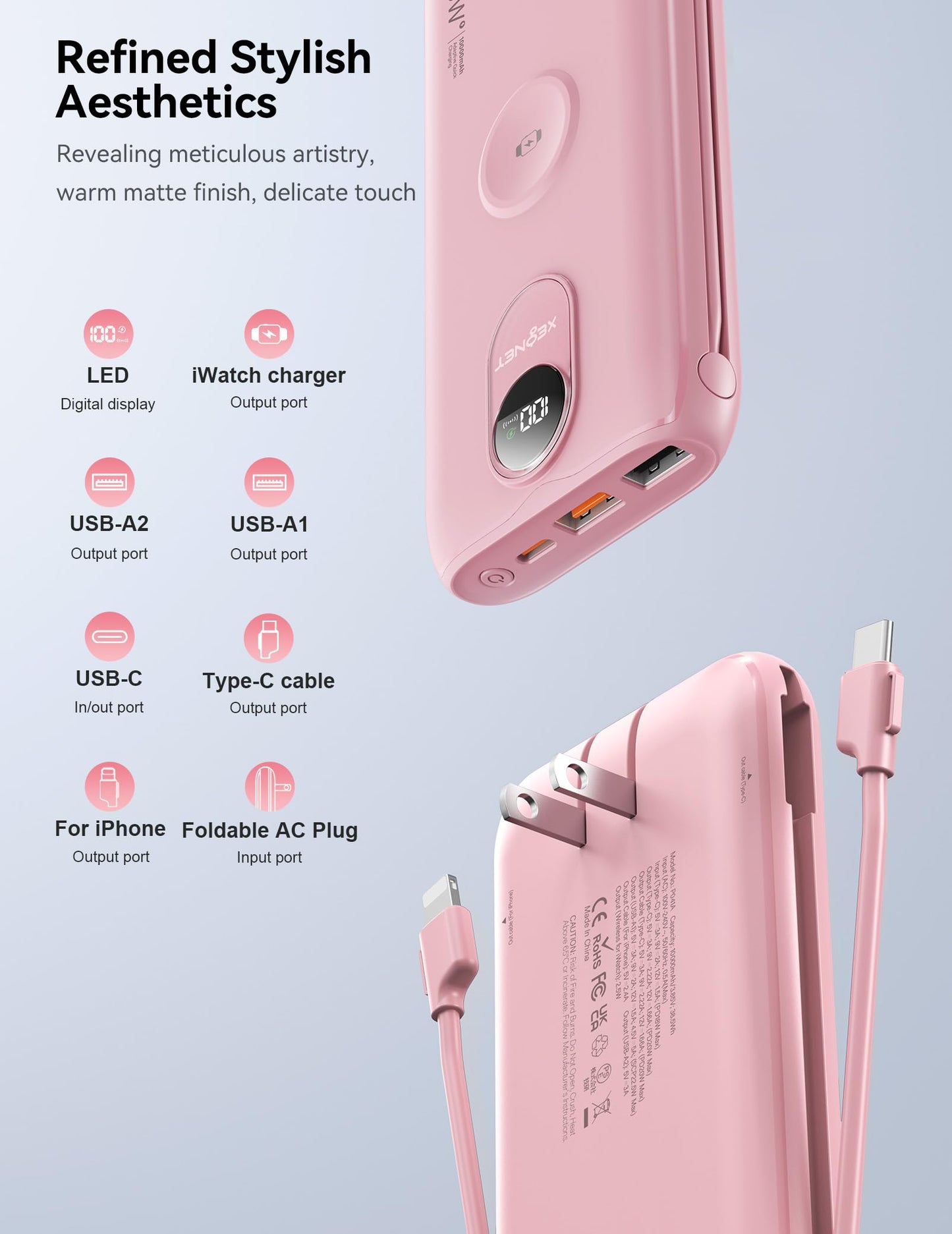 Portable Charger, 10000mAh 22.5W Power Bank Fast Charging with Wall Plug, Built-in Cables, LED Display, Compact Lightweight USB C Travel Battery Pack