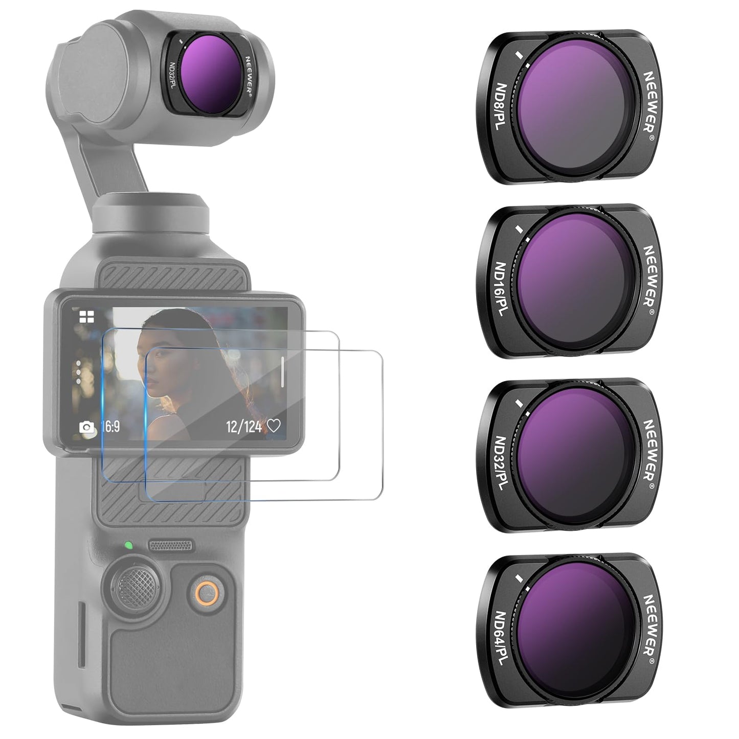 NEEWER Magnetic ND/PL Filter Set Compatible with DJI Osmo Pocket 3 Creator Combo Accessories, Action Camera 4 Pack ND8/PL ND16/PL ND32/PL ND64/PL