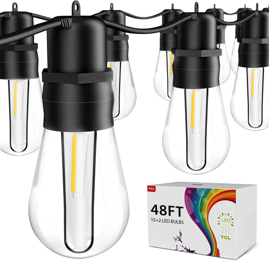 walsport 49FT LED Outdoor String Lights with S14 Shatterproof Plastic Bulbs (15+2 Spare) - ETL Listed IP65 Waterproof Patio Lights for Backyard, Cafe