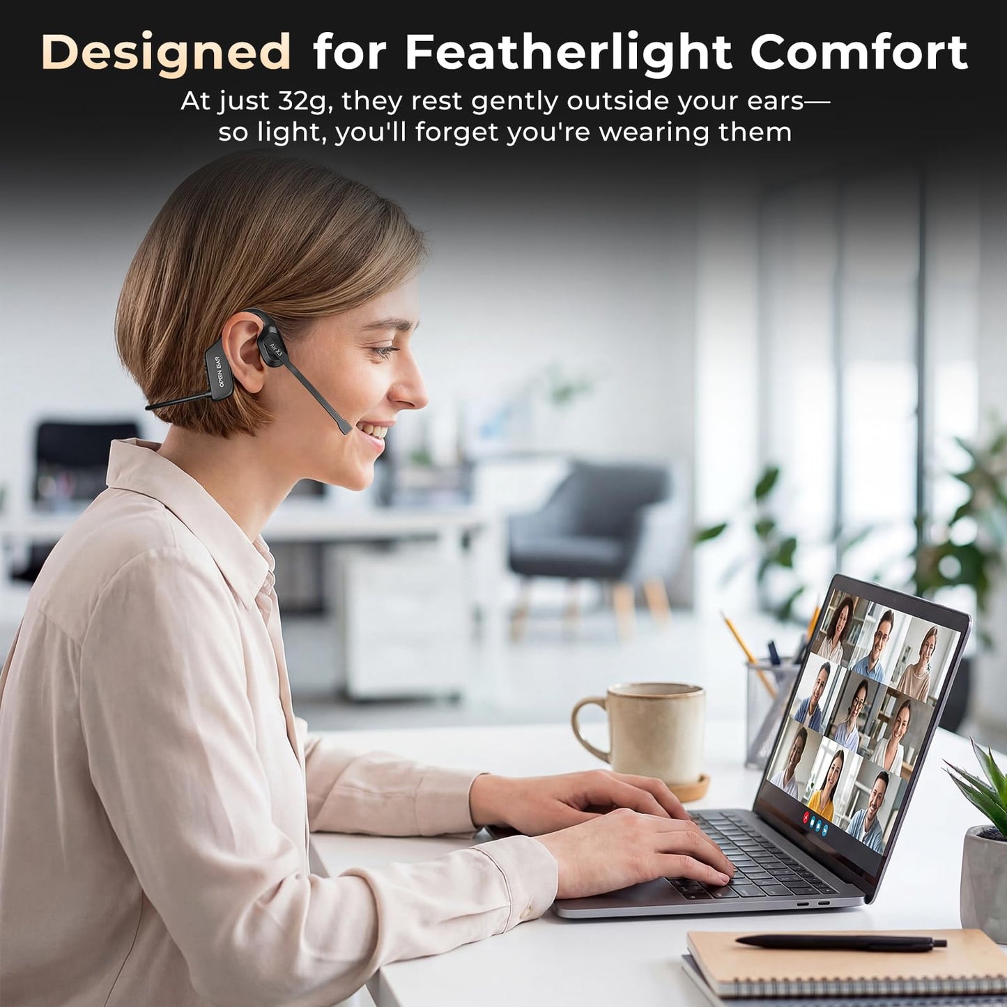 Puoene Air Conduction Open Ear Headphones with Mic, AI Noise Cancelling Bluetooth Headset, Dual Connect Wireless Headphones with Mute Button, 32g