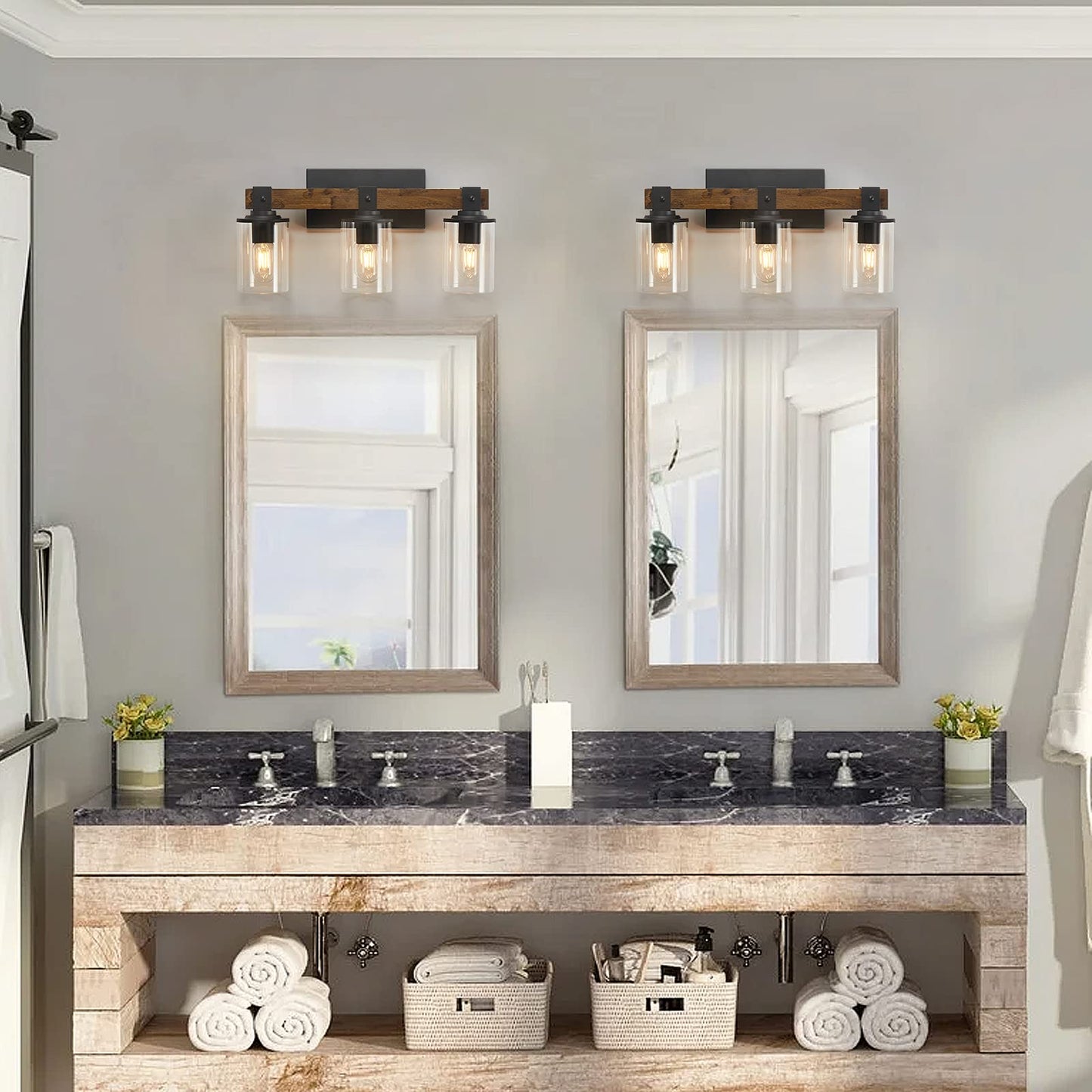 DUJAHMLAND Farmhouse Vanity Light Fixture,3-Light Bathroom Wood Wall Light Over Mirror with Clear Glass Shade, Rustic Vintage Wall Sconce