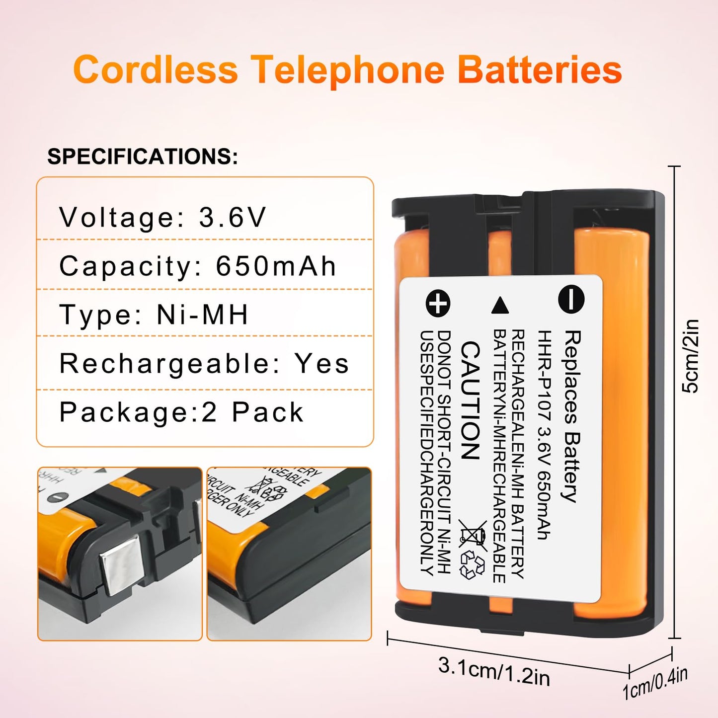 EOCIK 2PACK HHR-P107 NI-MH Rechargeable Battery 3.6V 650mAh Replacement Batteries for Panasonic Cordless Phone