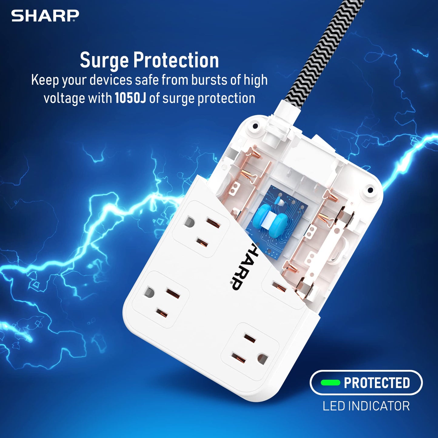 SHARP Surge Protector Power Strip - 6 Widely Spaced Outlets with 4 USB Fast Charge USB Charging Ports (3 USB-A and 1 USB Type-C), Flat Wall-Hugger