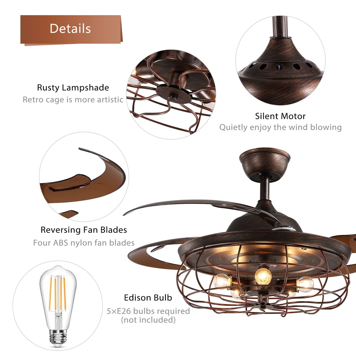 CROSSIO 48 Inches Retractable Caged Ceiling Fan with Lights, Reverse Industrial Rusty Fandelier Fan Chandelier with Remote Control for Living Room
