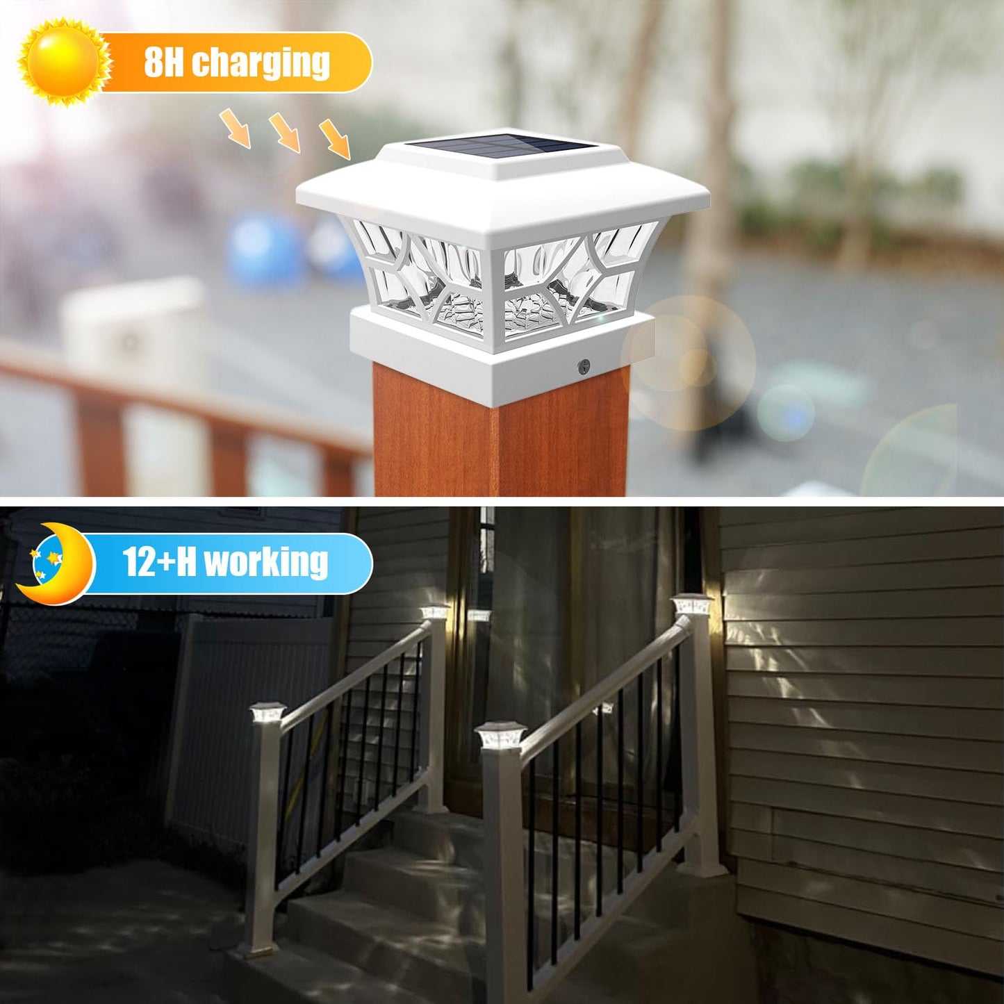 VOLISUN Solar Post Cap Lights Outdoor, Solar Powered Fence Cap Lights for 4x4 Vinyl/Wood, White Waterproof Solar Deck Post Light 4Pack Cool/Warm