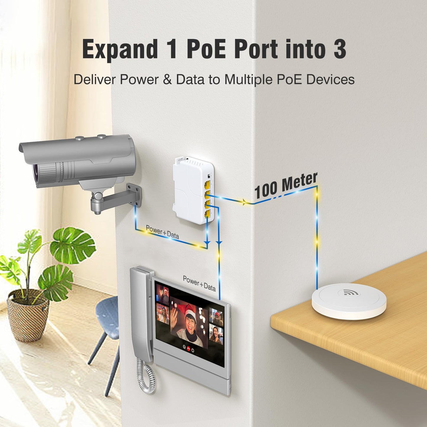 Gigabit PoE Extender 1 in 3 Out, VunLink 4-Port 1000Mbps PoE Repeater, IEEE 802.3af/at 30W, 100m (328ft) Extension, VLAN, Plug & Play, Wall Mount