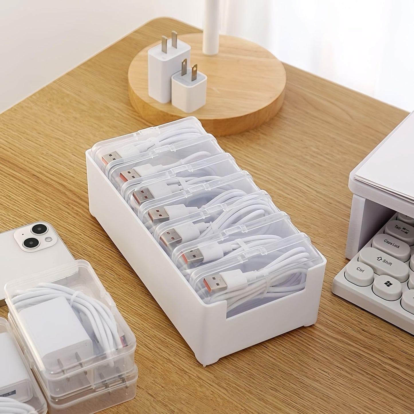 7 Case Cable Storage Box with Cable Straps and Label Stickers, Travel Cord Organizer for Charging Cables, USB Wires, Earphones - Drawer Organization