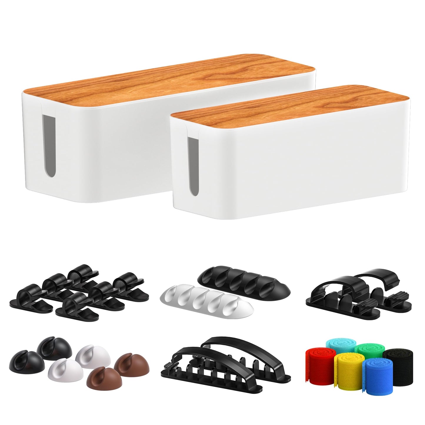 Cable Management Box 2 Pack with 16 Cable Clips Set-Large & Medium & Small Wooden Style Cable Organizer Box to Hide Wires&Power Strips | Cord
