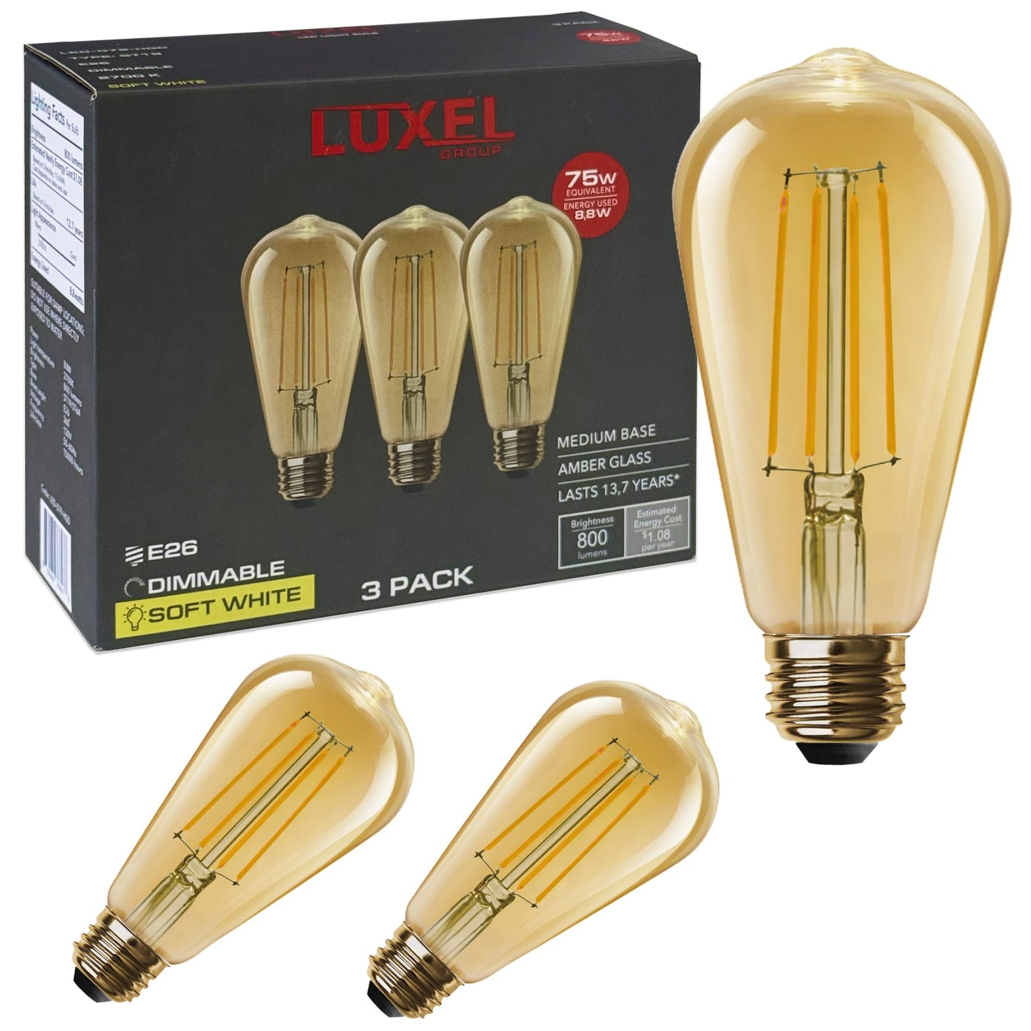 Vintage LED Edison Light Bulbs ST19 (ST64) 8.8W Equivalent 75W (Pack of 3)